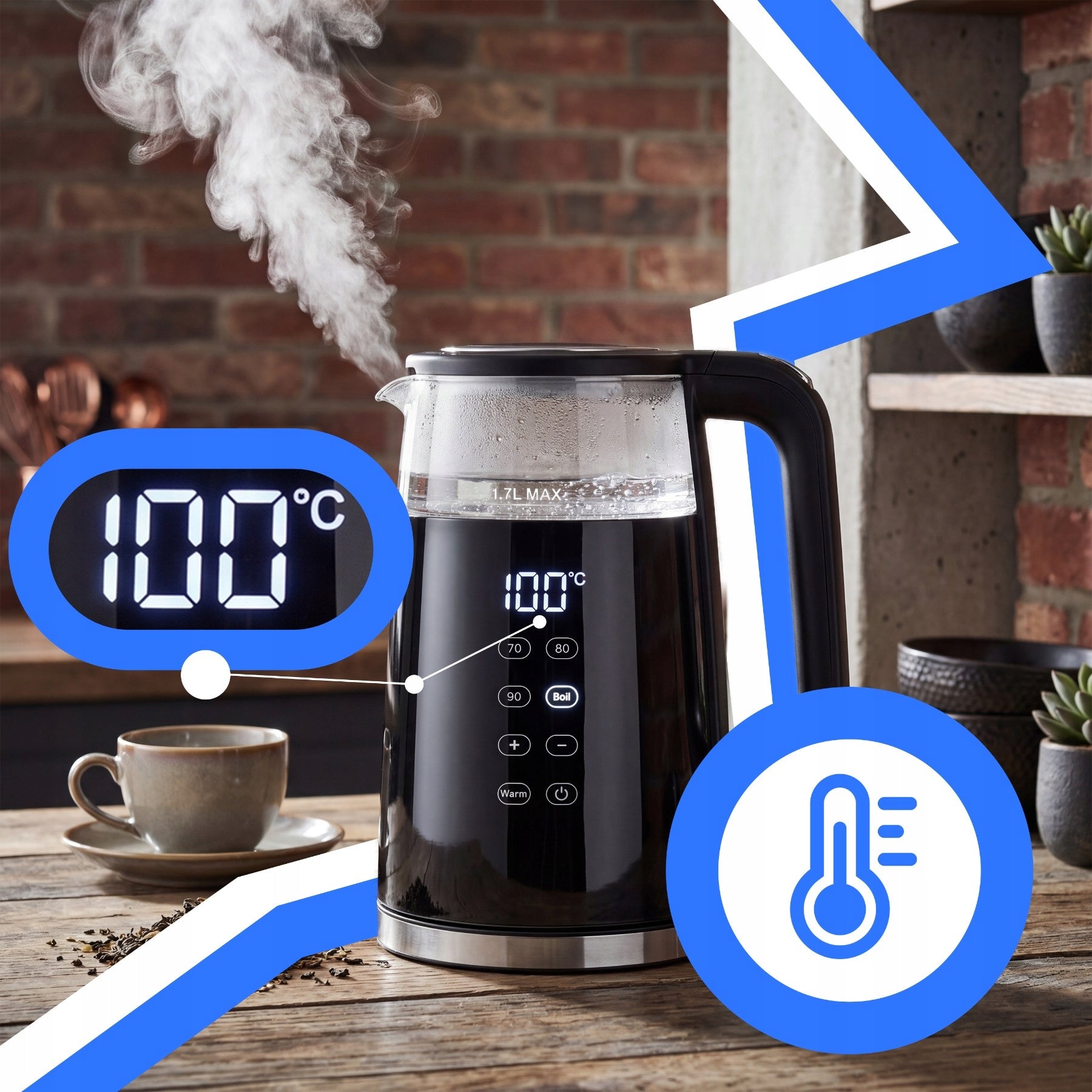 CORDLESS ELECTRIC KETTLE 1,7L 2200W GLASS TEMPERATURE CONTROL Model R-OR1300