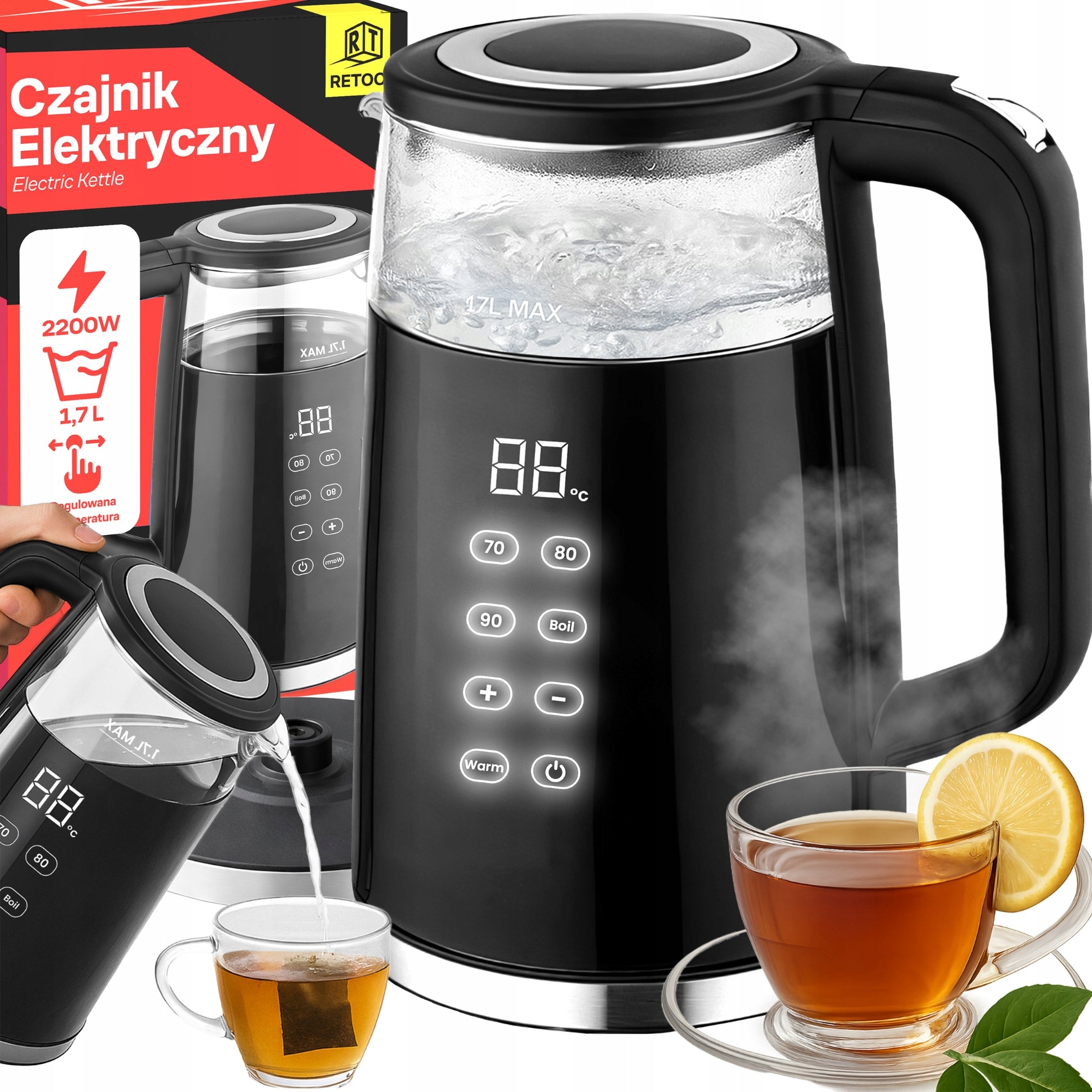 CORDLESS ELECTRIC KETTLE 1,7L 2200W GLASS TEMPERATURE CONTROL Packaging status original