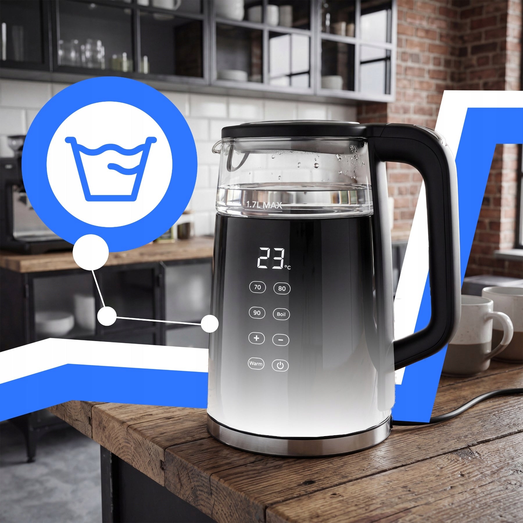 CORDLESS ELECTRIC KETTLE 1,7L 2200W GLASS TEMPERATURE CONTROL Power 2200 W