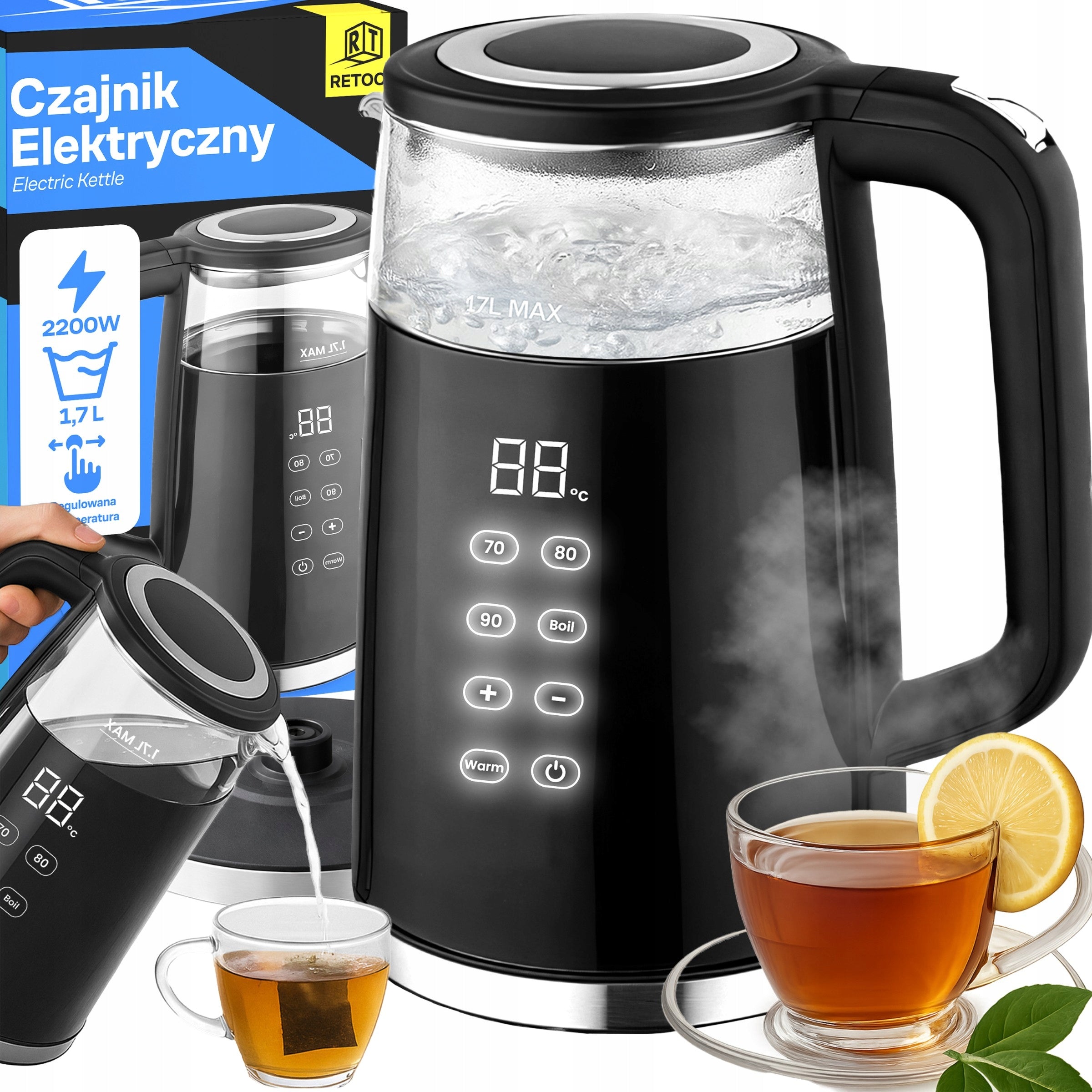 CORDLESS ELECTRIC KETTLE 1,7L 2200W GLASS TEMPERATURE CONTROL