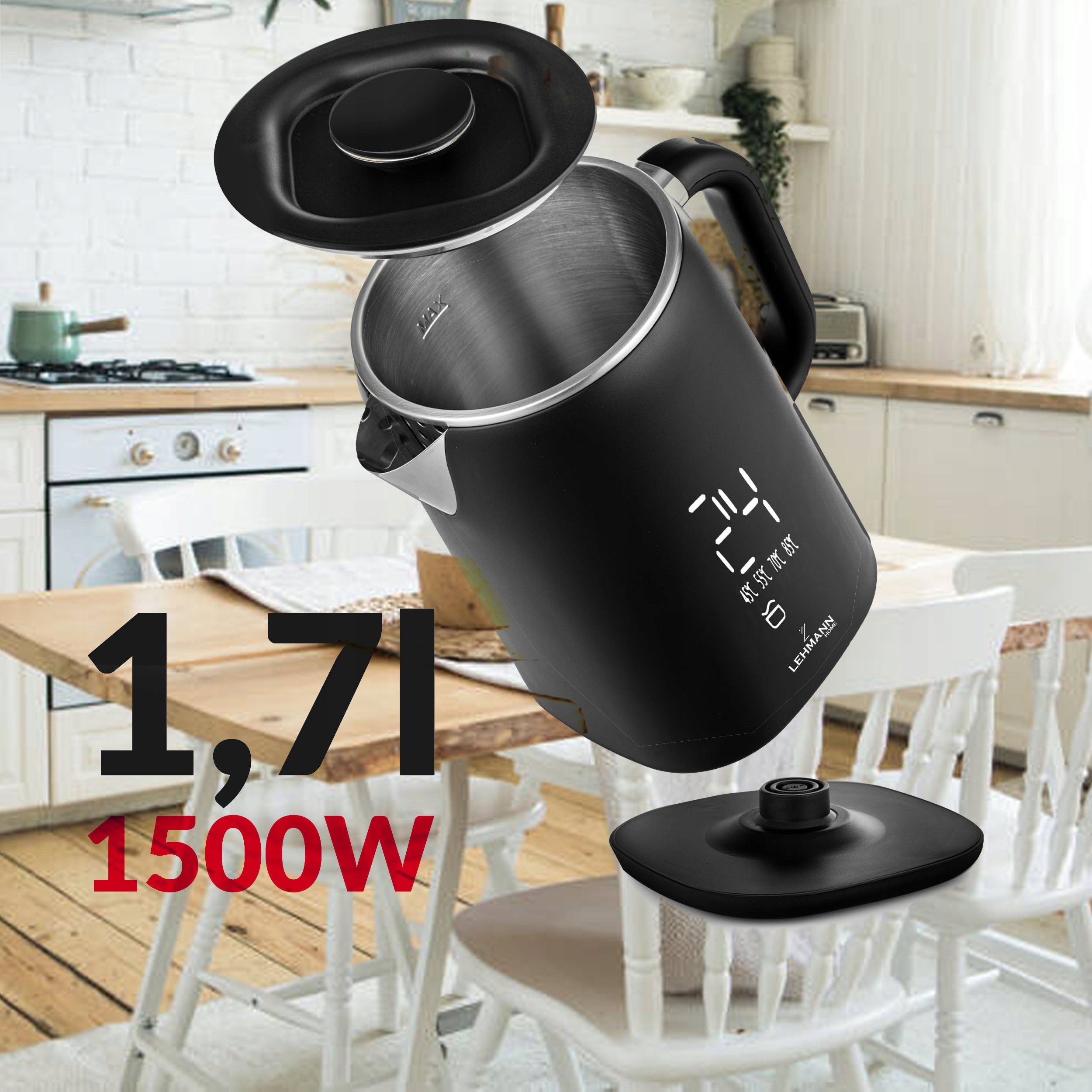 CORDLESS ELECTRIC KETTLE WITH TEMPERATURE CONTROL TOUCH LED 1,7L Dominant color black