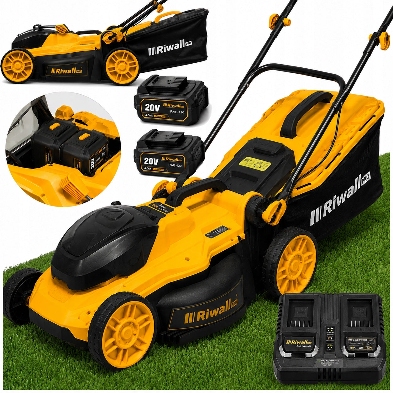 CORDLESS LAWN MOWER FOR GRASS 2X AKU 8 AH RIWALL 42cm