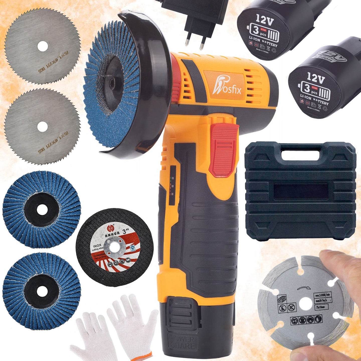 CORDLESS MINI ANGLE GRINDER ROSFIX 12V +6 DISCS PRECISION CASE