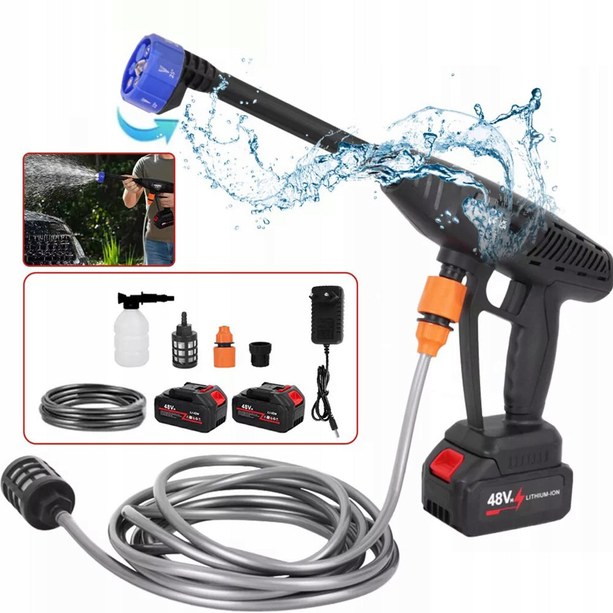 CORDLESS PRESSURE WASHER 100 BAR 2X AKU 48V MULTIFUNCTIONAL NOZZLE Operating pressure 100 bar
