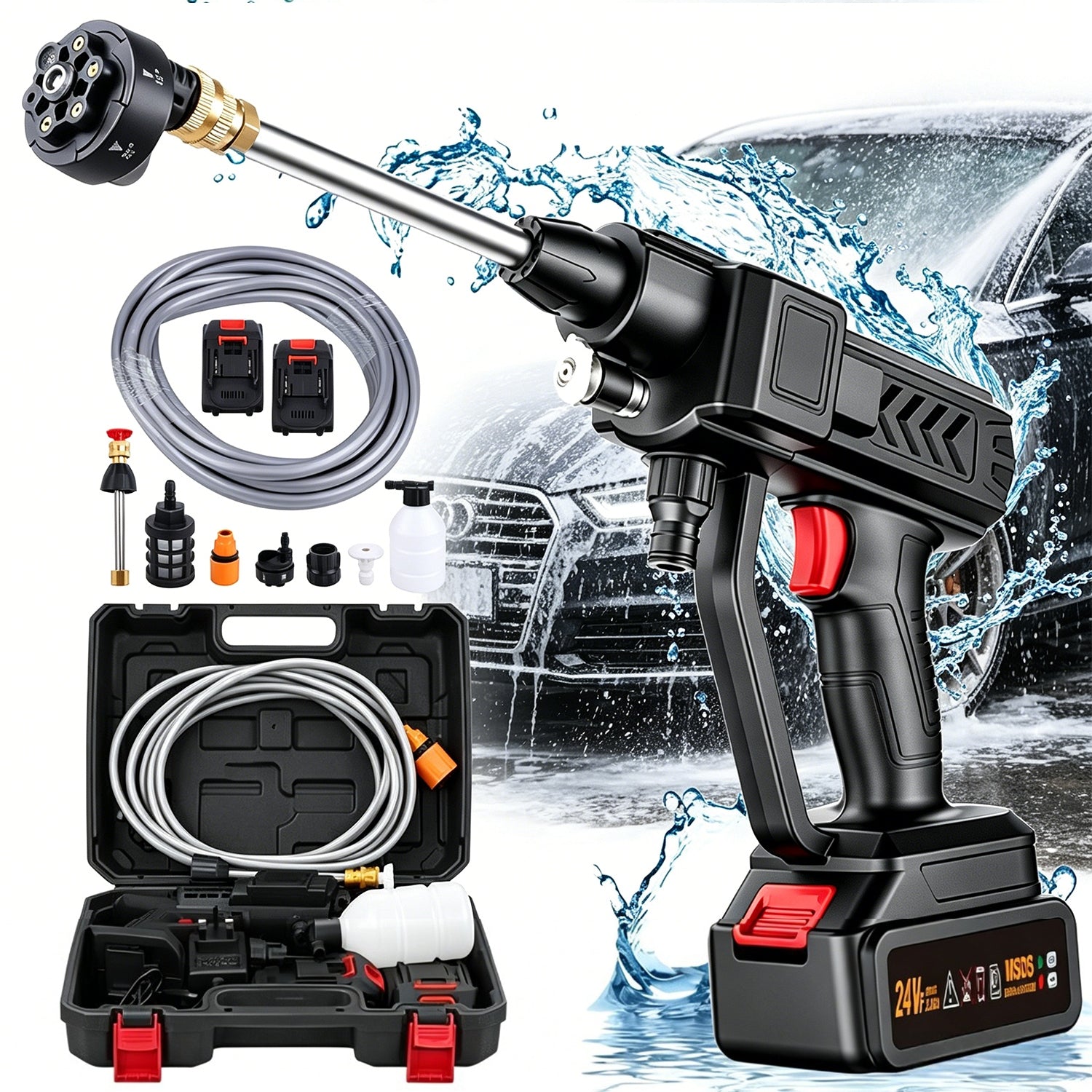 CORDLESS PRESSURE WASHER 300W NOZZLES 0 15 25 40 DEGREE FOAM TUB