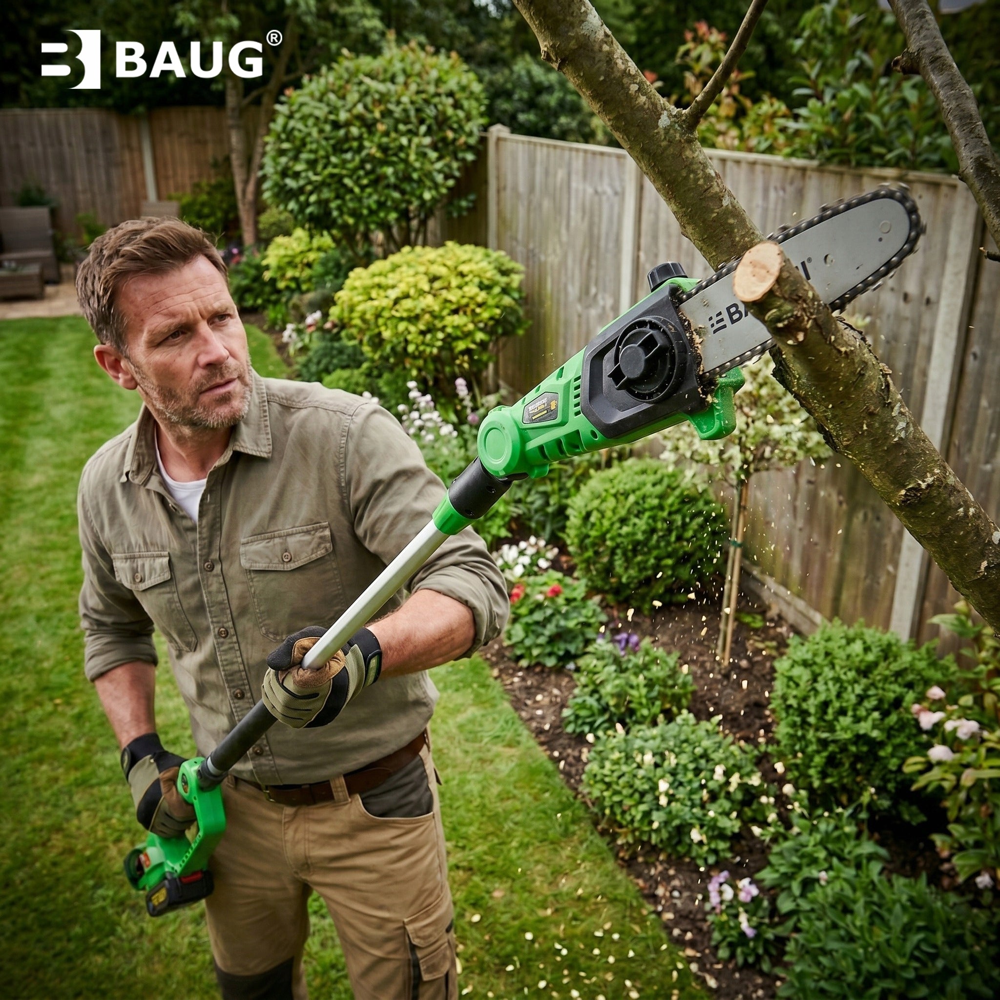 CORDLESS TELESCOPIC CHAINSAW ON BOOM HEDGE TRIMMER Brand Baug