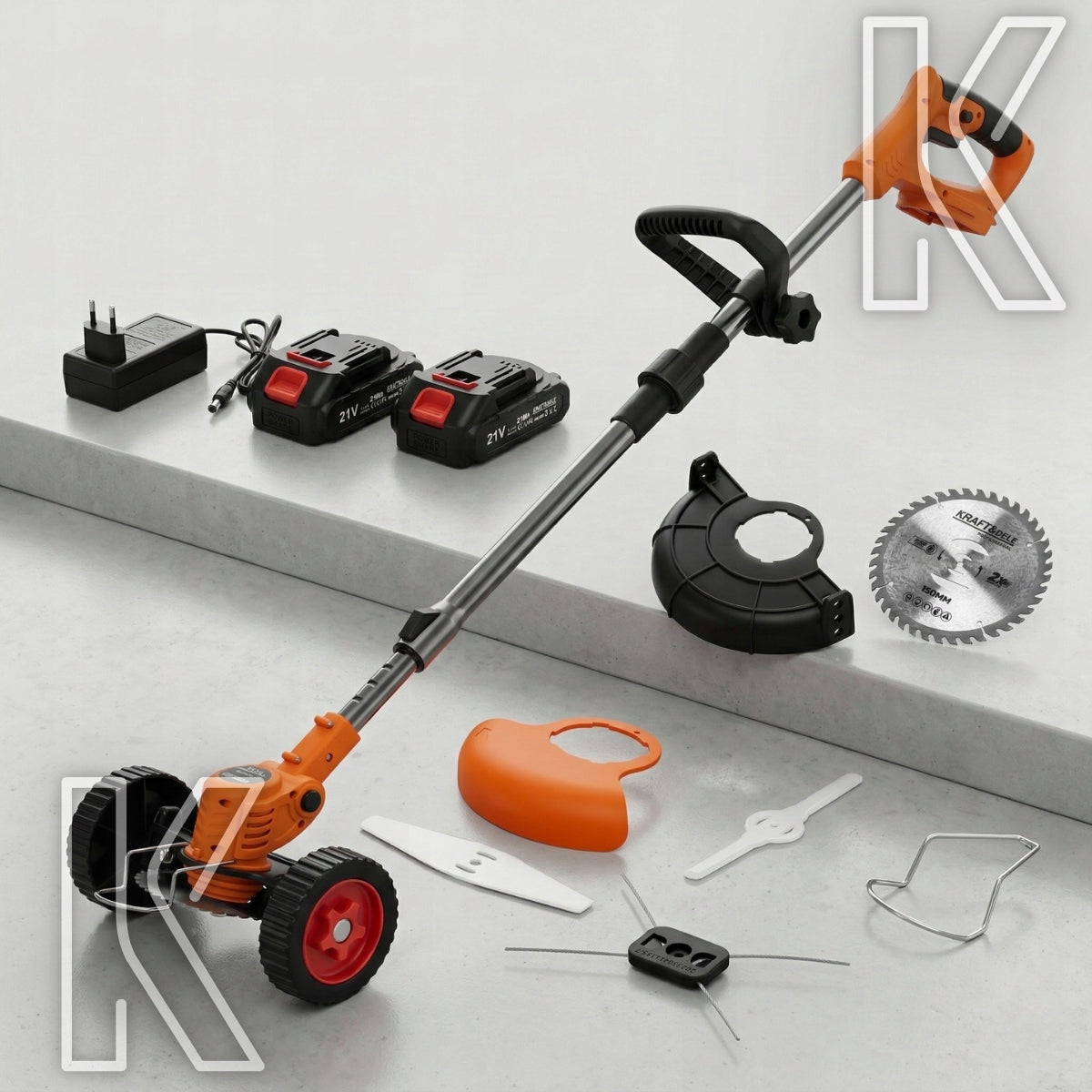 CORDLESS TRIMMER SCYTHE BRUSH CUTTER ON WHEELS 2X 21V 2AH MEGA SET Kind edge trimmer