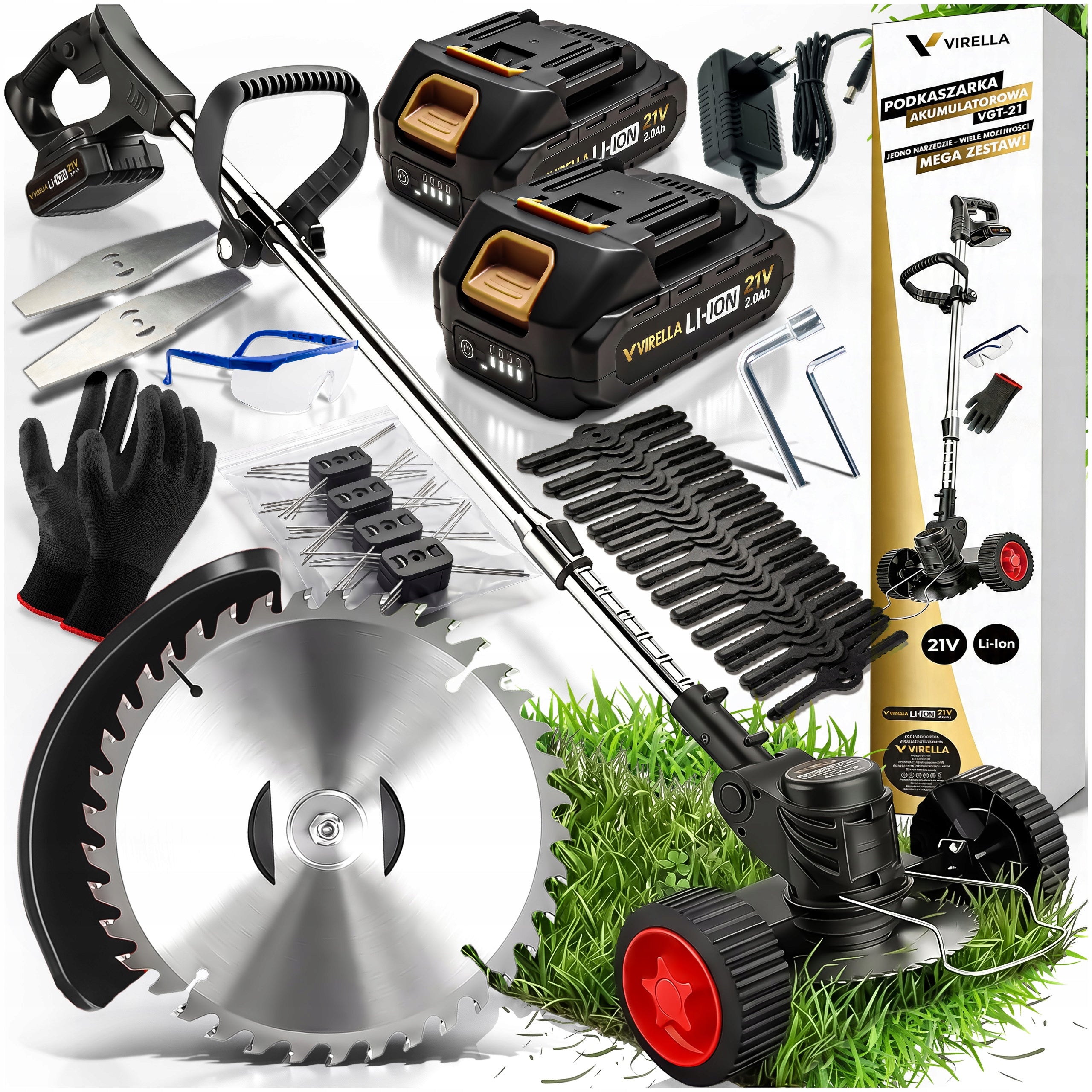 CORDLESS TRIMMER SCYTHE BRUSH CUTTER ON WHEELS 2X 21V 2Ah SET 53IN1