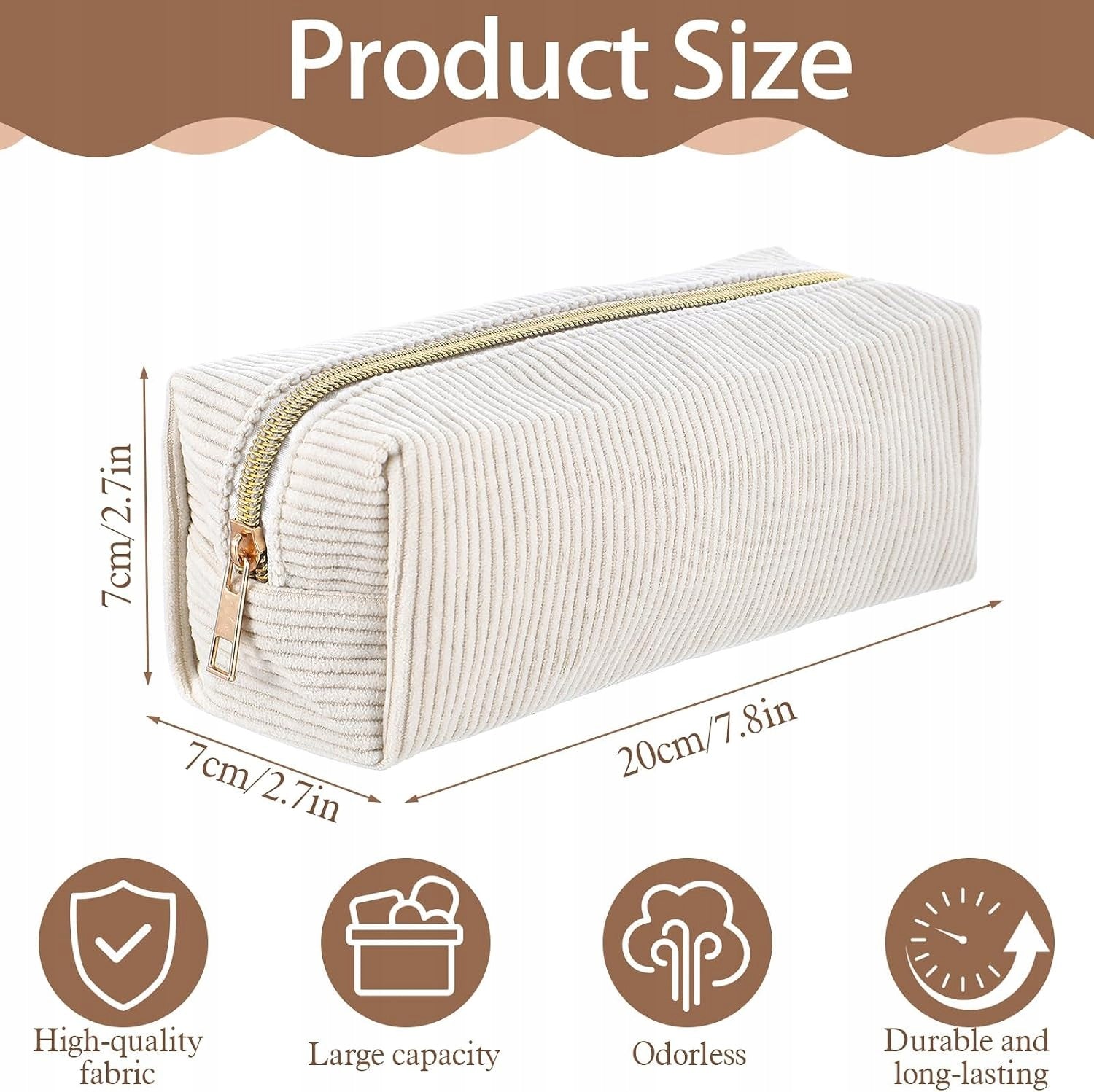 CORDUROY PENCIL CASE BEIGE 20CM FOR SCHOOL OFFICE TEENAGER Brand EH