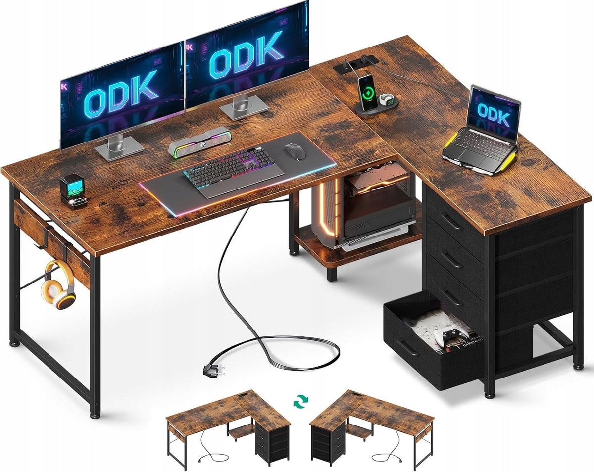 CORNER COMPUTER DESK WITH DRAWERS STAND FOR PC BUILT-IN OUTLETS