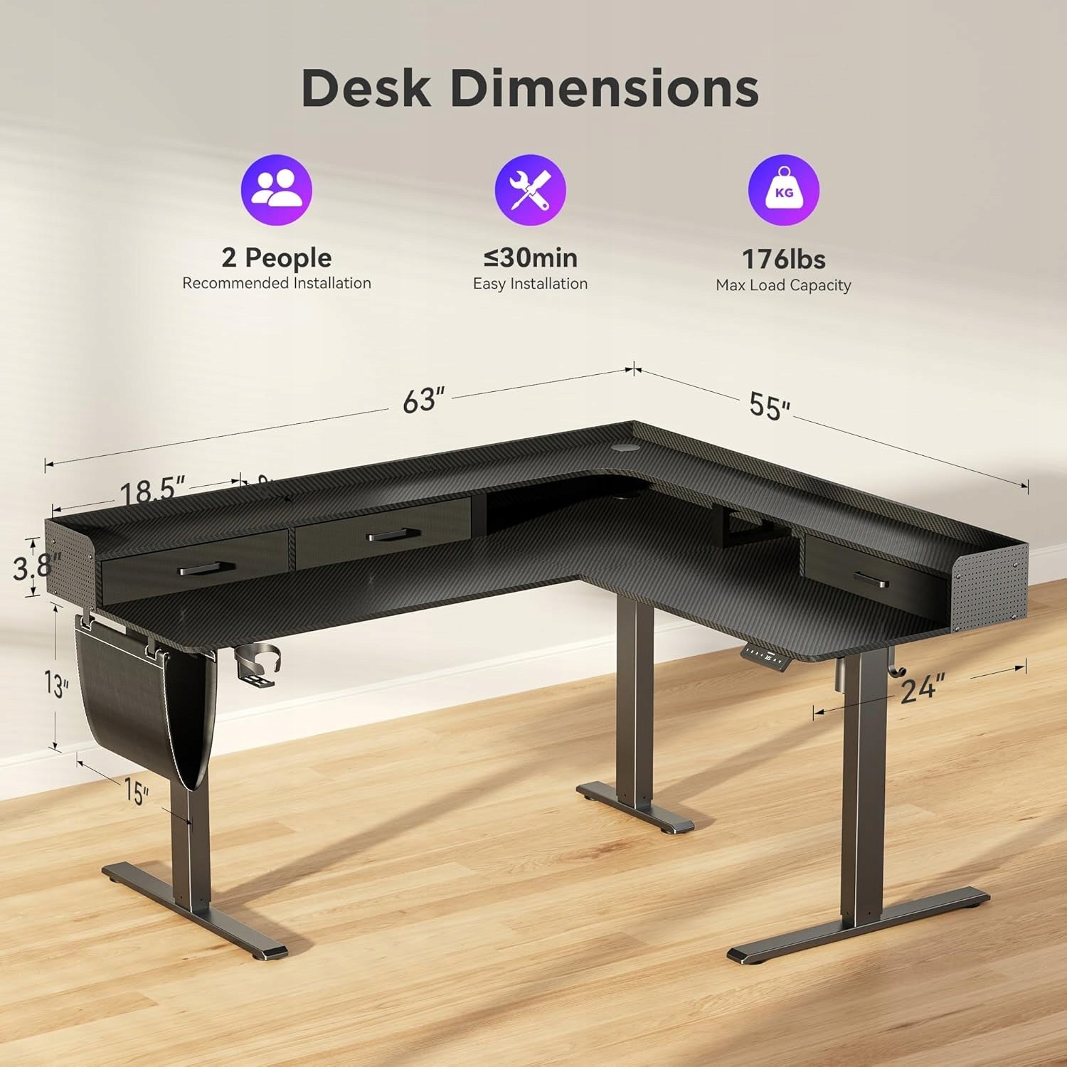 CORNER DESK ELECTRIC ERGONOMIC WITH DRAWERS SHELVES FOR WORK 160CM EAN (GTIN) 0099672034581