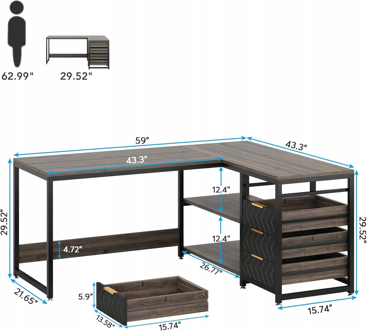 CORNER DESK LARGE HOME OFFICE STAND WITH DRAWERS WITH GAMING BOOKCASE EAN (GTIN) 0099874326484