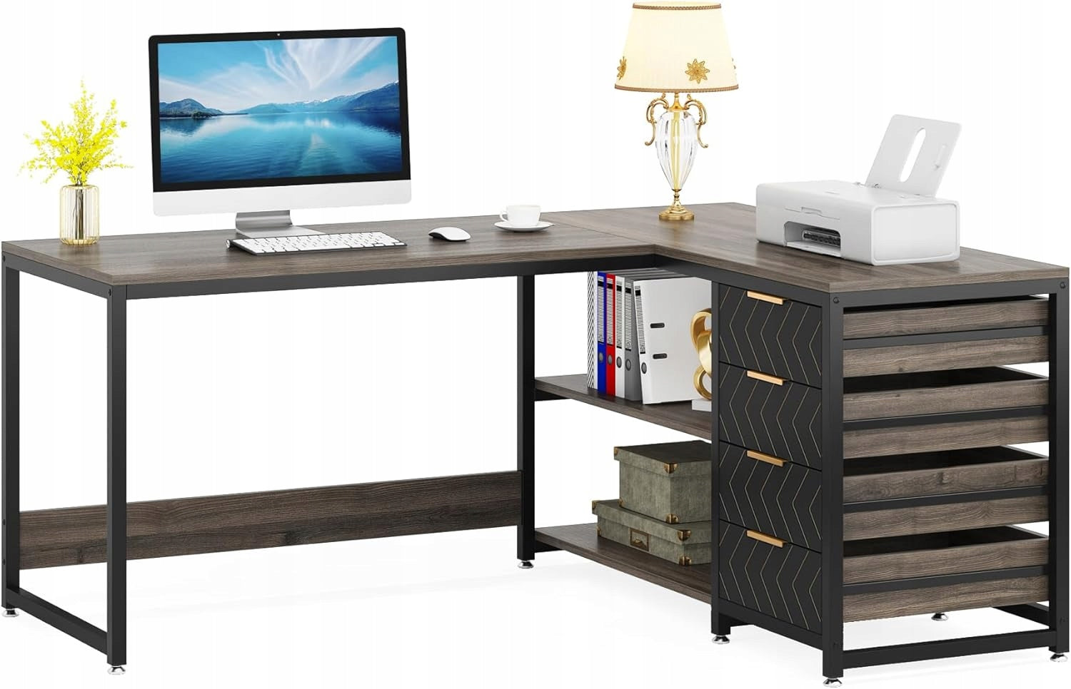 CORNER DESK LARGE HOME OFFICE STAND WITH DRAWERS WITH GAMING BOOKCASE
