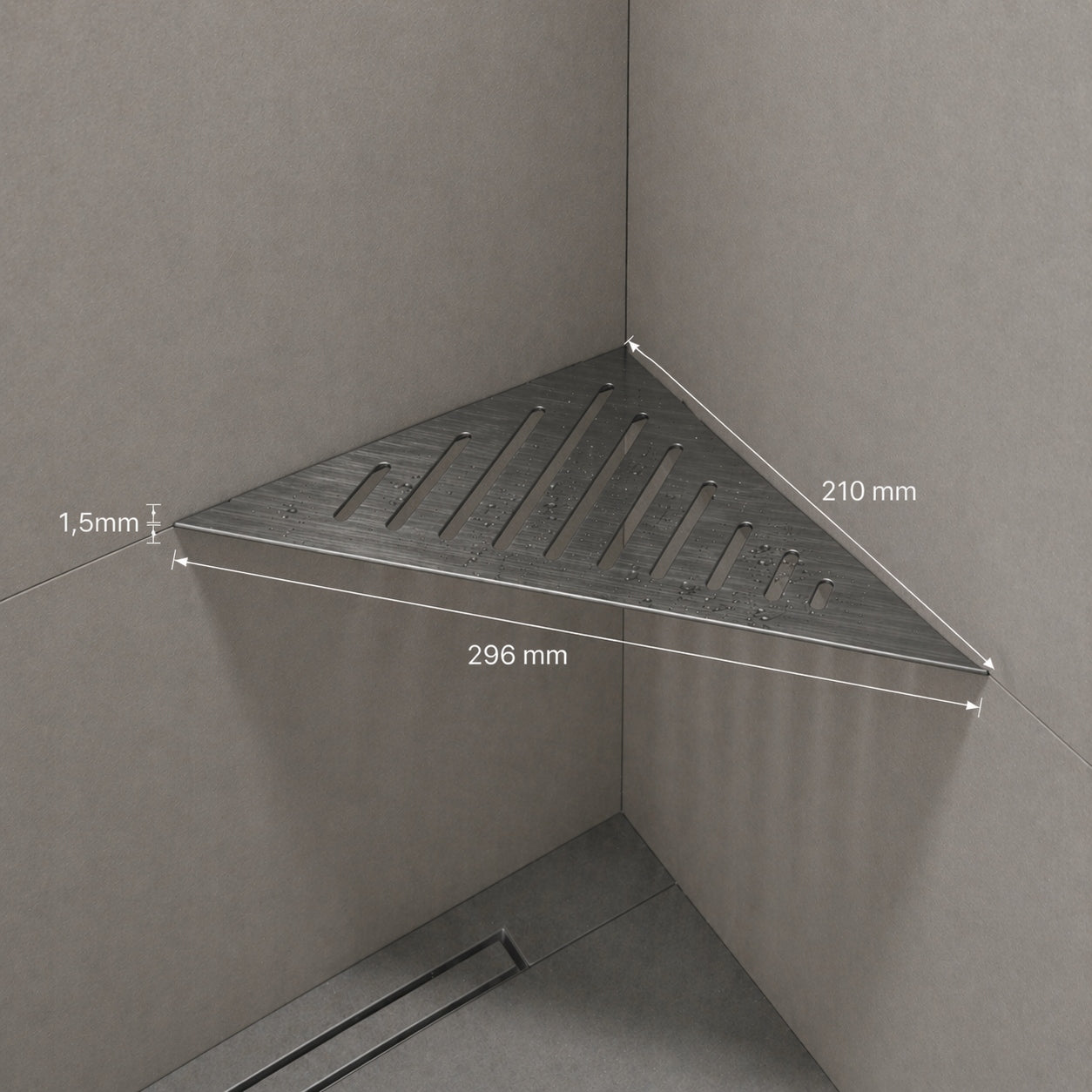 CORNER SHOWER SHELF GROUT TRIANGLE GUN METAL BRUSHED STEEL Manufacturer code PTGU-0201