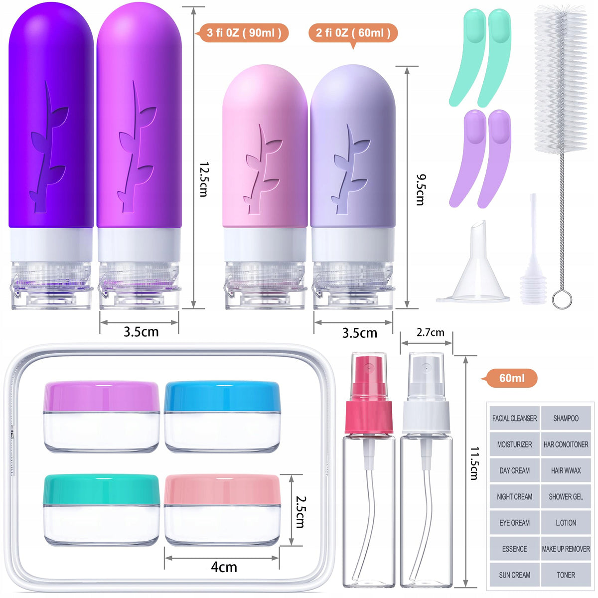 COSMETIC BAG TRAVEL CONTAINERS FOR AIRPLANE BOTTLES SET 19 EL. WITH ZIPPER Packaging status original