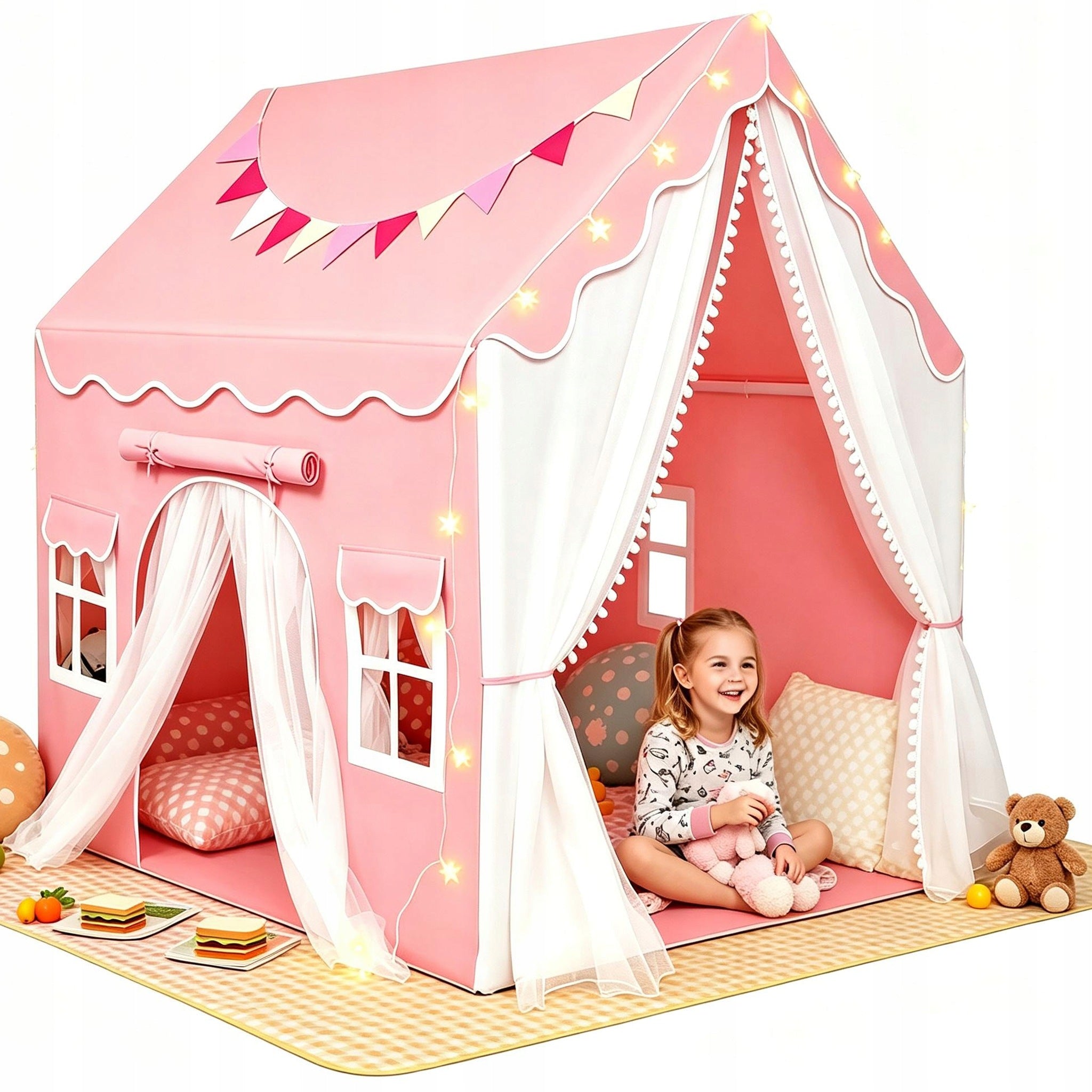 COTTAGE- TENT FOR CHILDREN, CASTLE FOR ROOM AND GARDEN, WITH LED LIGHTS – PINK