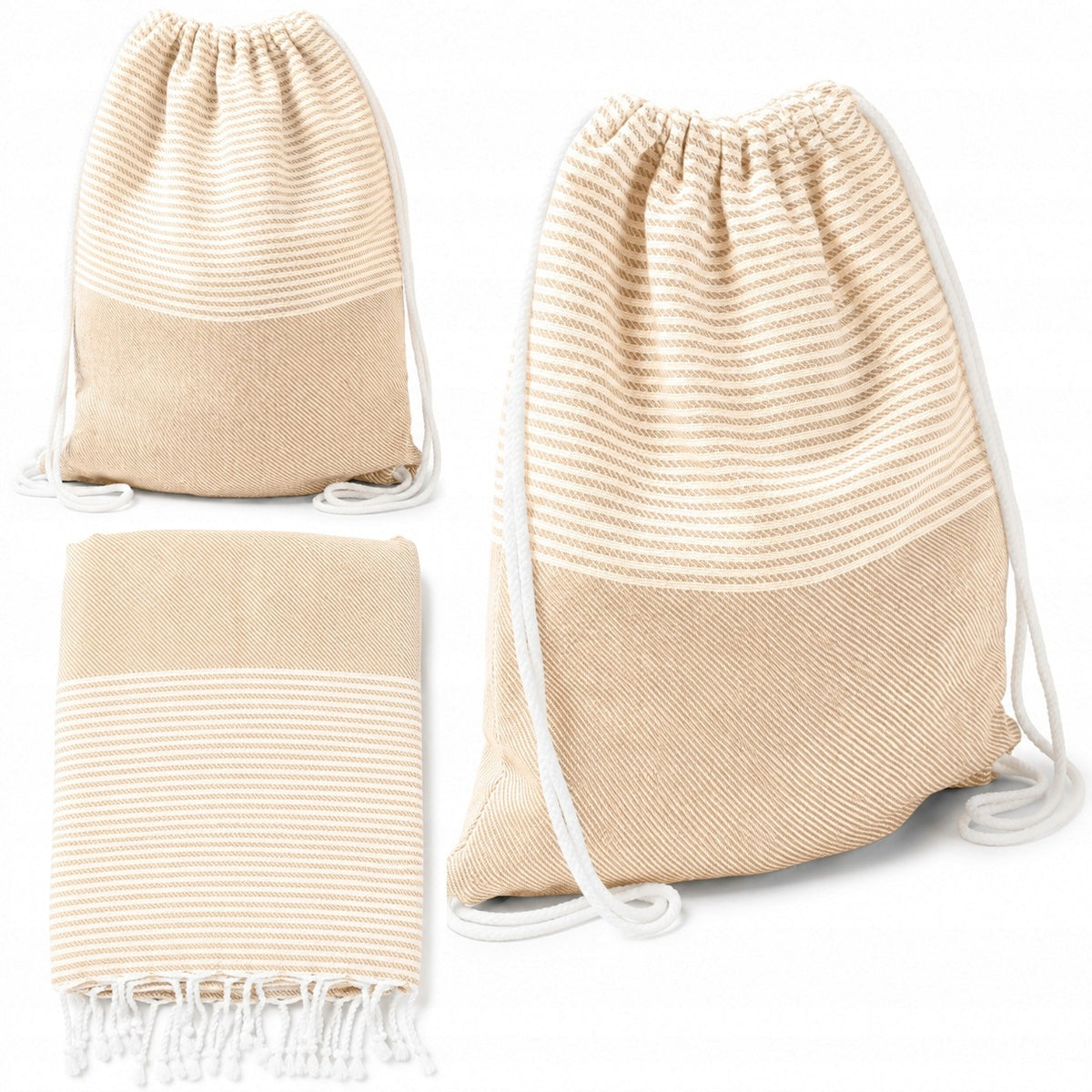 COTTON BACKPACK BAG TURN INTO BEACH PAREO 2in1 TOWEL MAT BEIGE