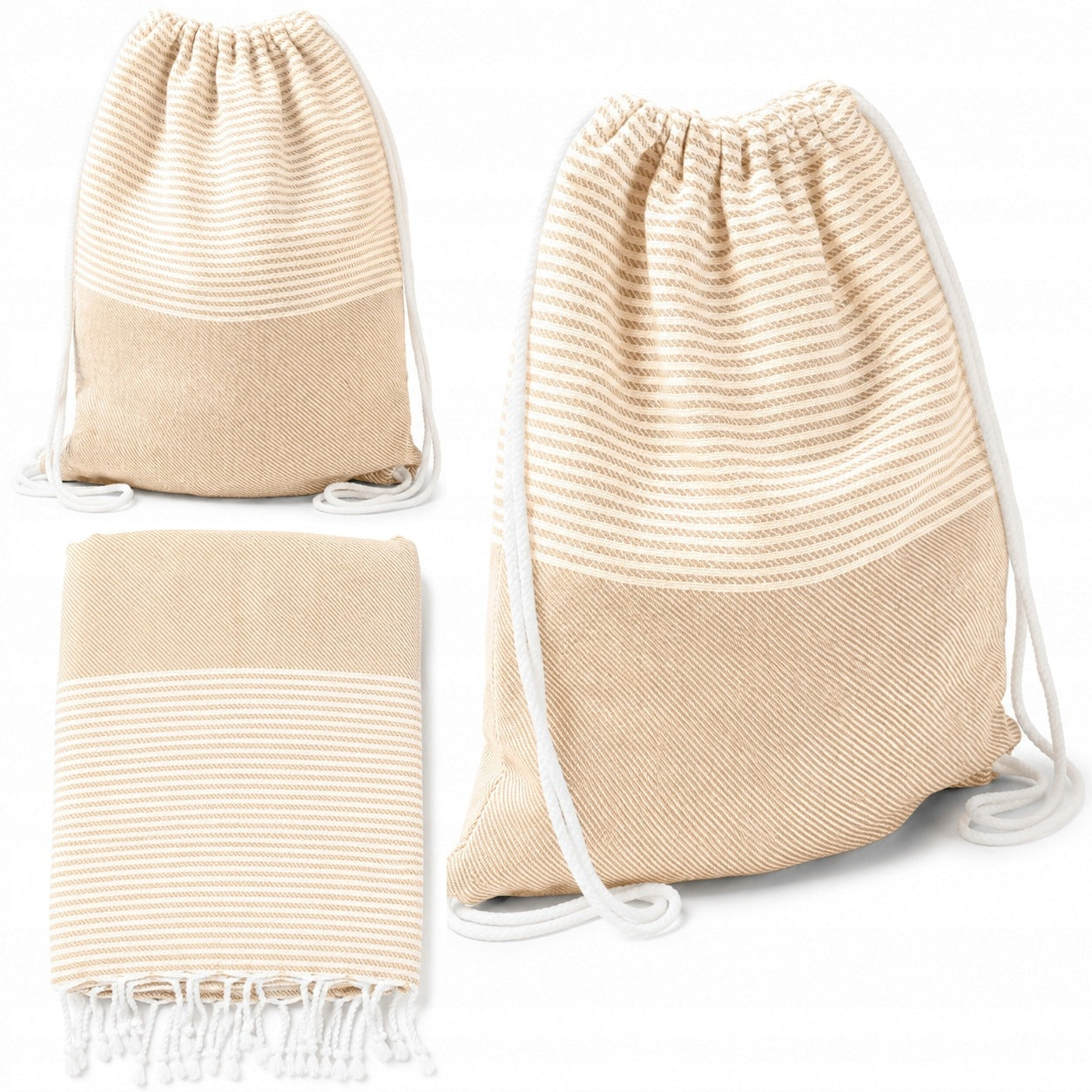 COTTON BACKPACK BAG TURN INTO BEACH PAREO 2in1 TOWEL MAT BEIGE