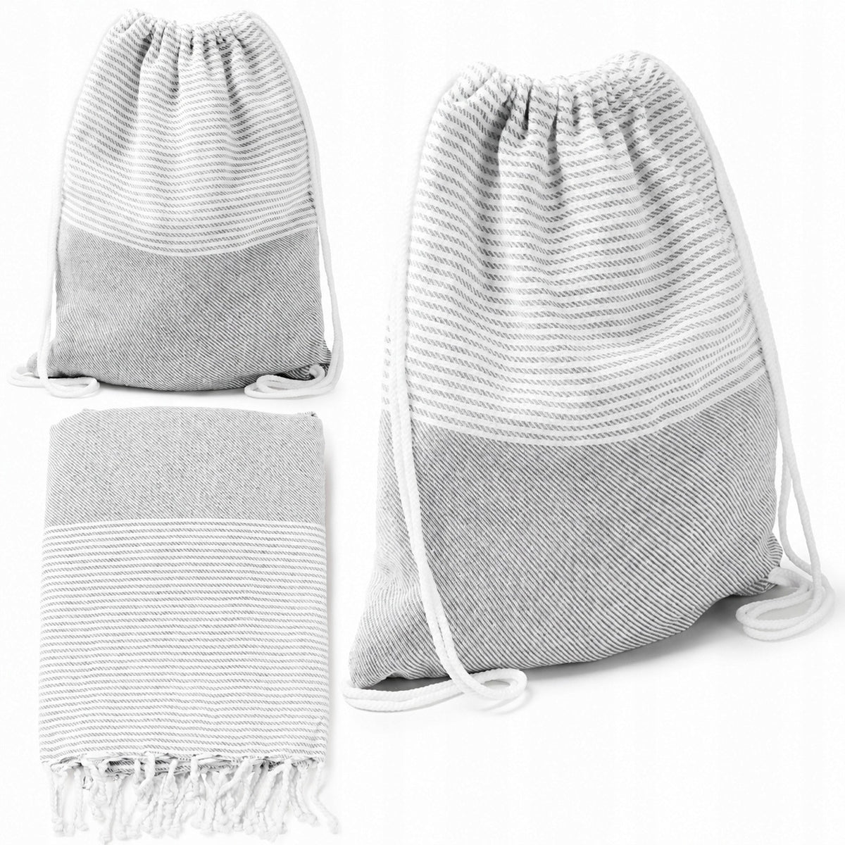 COTTON BACKPACK BAG TURN INTO BEACH PAREO 2in1 TOWEL MAT GREY