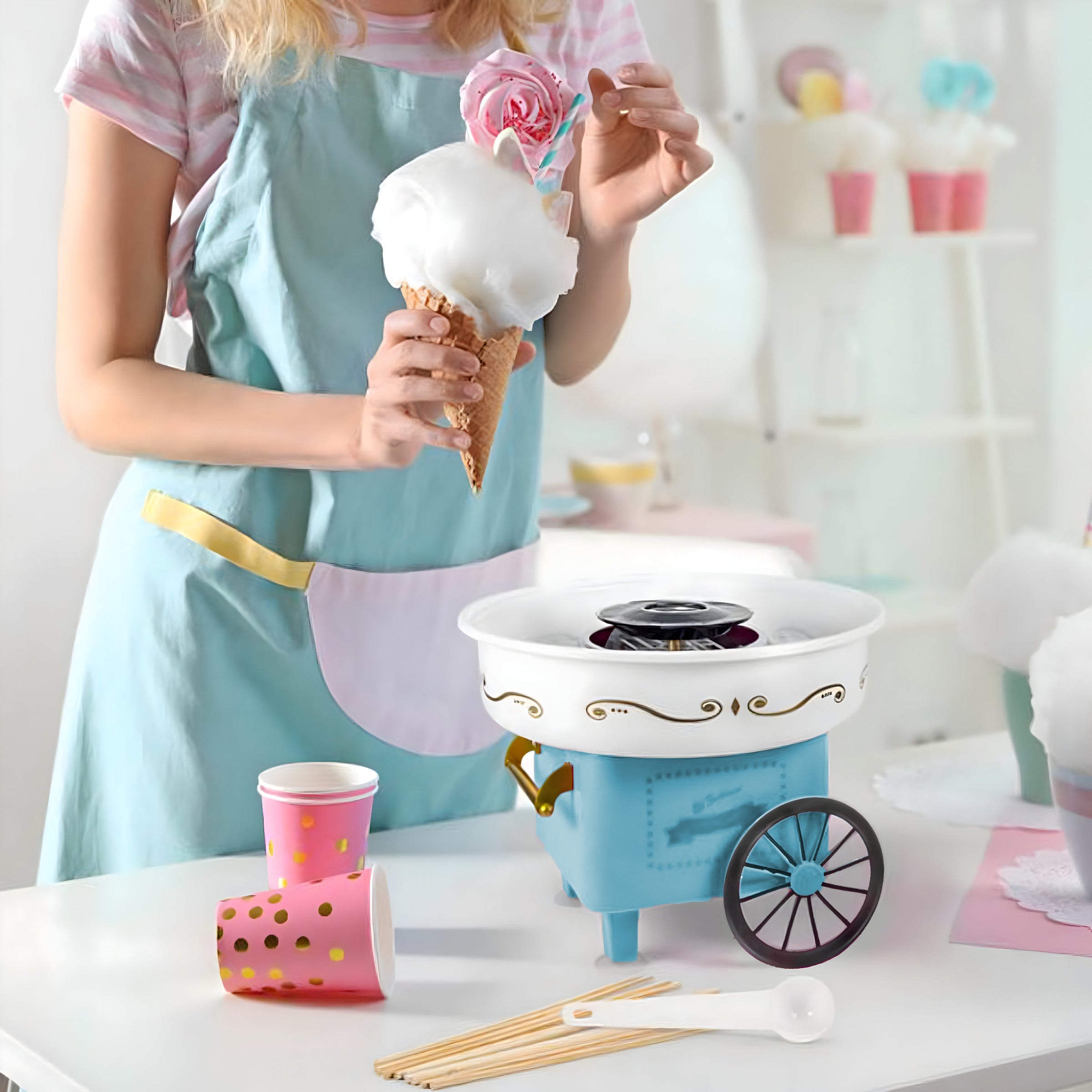 COTTON CANDY MACHINE HOMEMADE COTTON CANDY MACHINE TROLLEY + STICKS 550W Brand RETOO