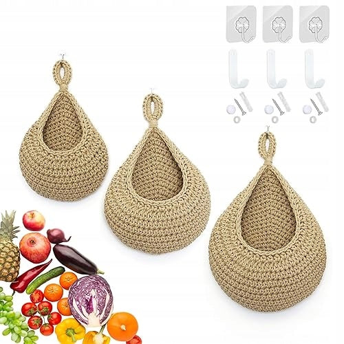 COTTON HANGING BASKET FOR VEGETABLE FRUIT STORAGE SET OF 3