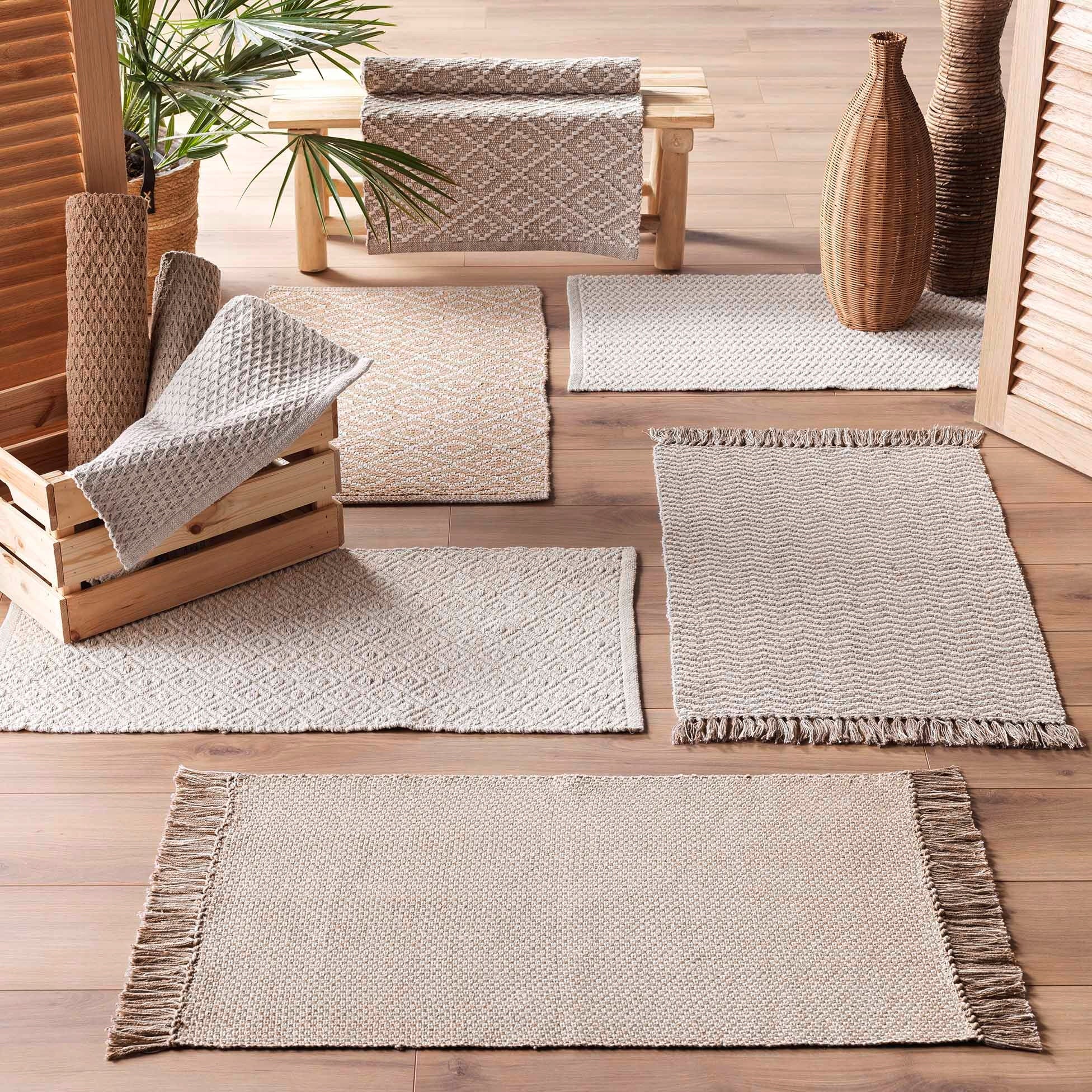 COTTON RUG BRAIDED 50x80 BEIGE WITH FRINGES CONVEX PATTERN Length 50 cm