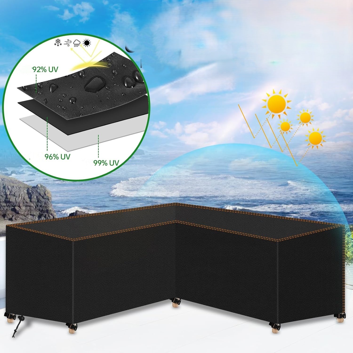 COVER FOR GARDEN FURNITURE SHAPE L WATERPROOF CORNER YEAR-ROUND 250CM Length 250 cm