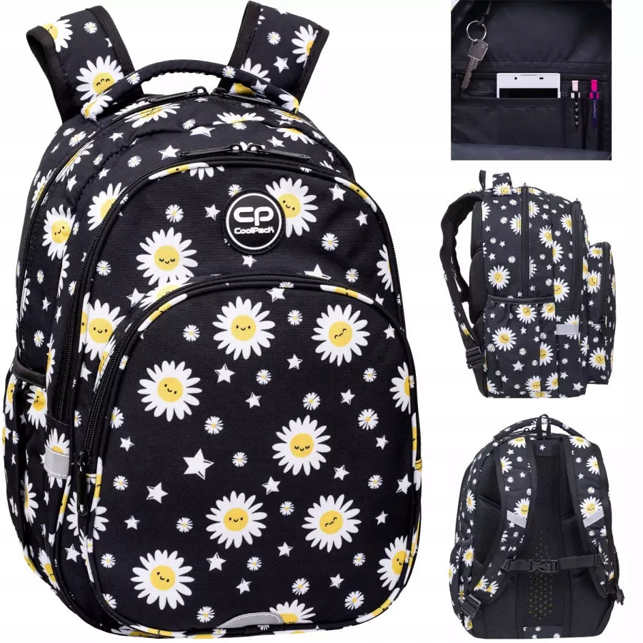 CP YOUTH SCHOOL BACKPACK FOR GIRL FLOWERS BLACK
