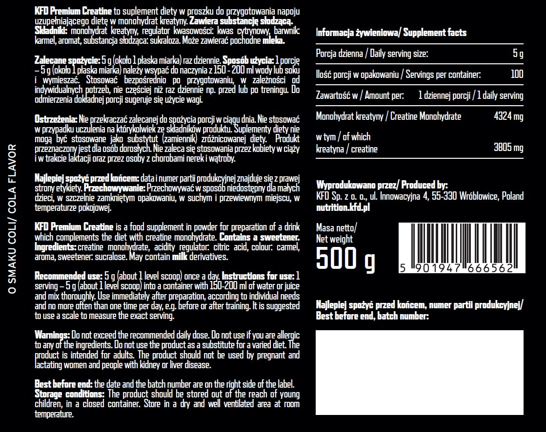 CREATINE KFD CREATINE PREMIUM MONOHYDRATE 500 G COLA-RUM Expiration date at least 1 year from the date of purchase