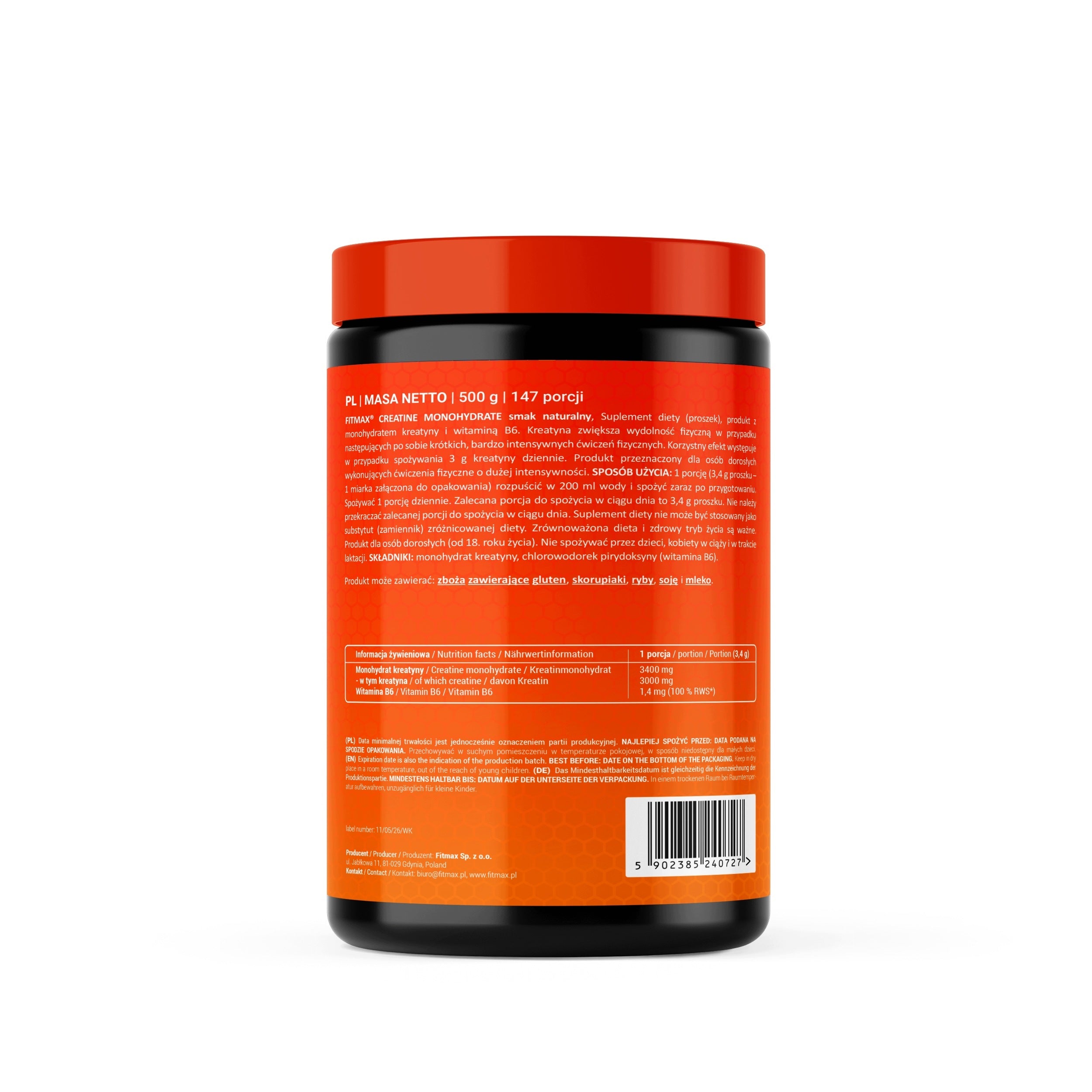 CREATINE MONOHYDRATE FITMAX Creatine Monohydrate 500g Natural 147 leek + B6 Packaging status original
