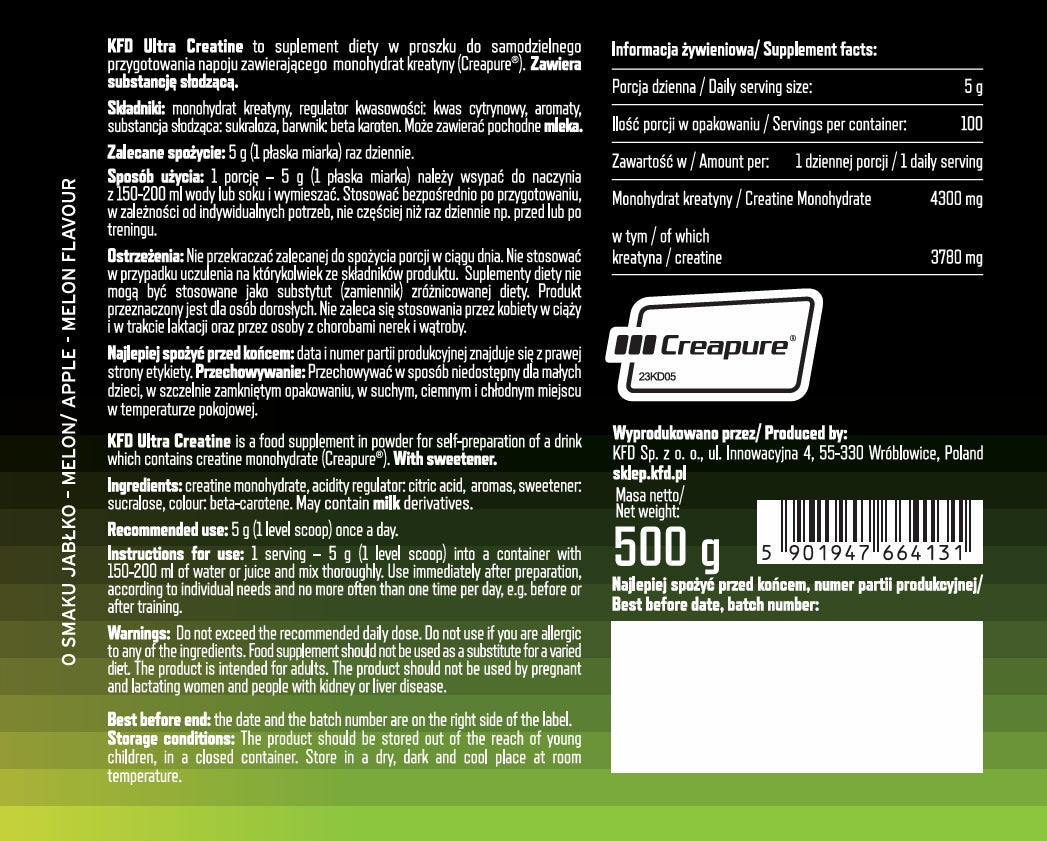 CREATINE MONOHYDRATE KFD ULTRA - CREAPURE - 500 G TASTE: APPLE-MELON Packaging status original