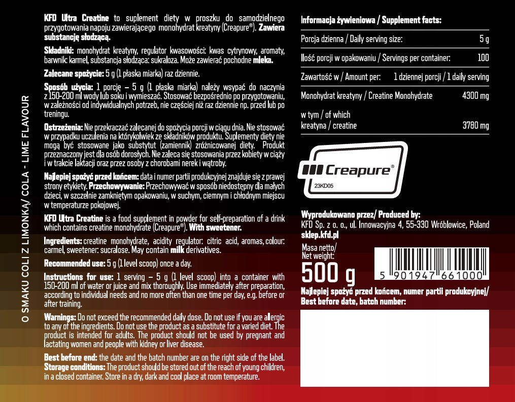 CREATINE MONOHYDRATE KFD ULTRA - CREAPURE - 500 G TASTE: COLA-LIME Packaging status original