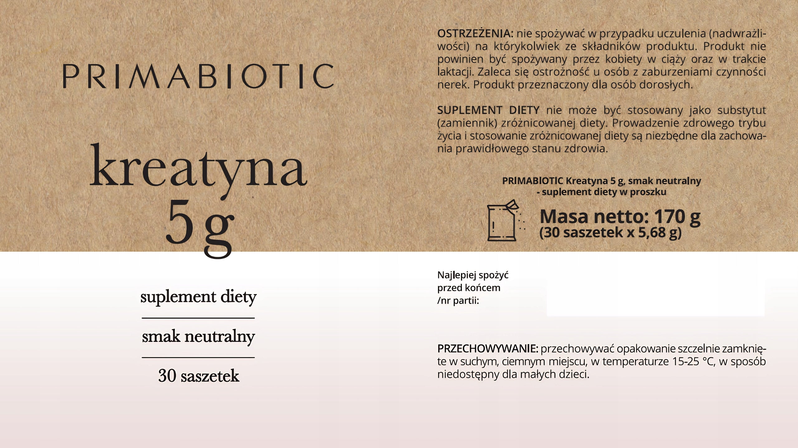 CREATINE NEUTRAL MONOHYDRATE PRIMABIOTIC Concentration Energy 5g x 30sasz. Packaging status original