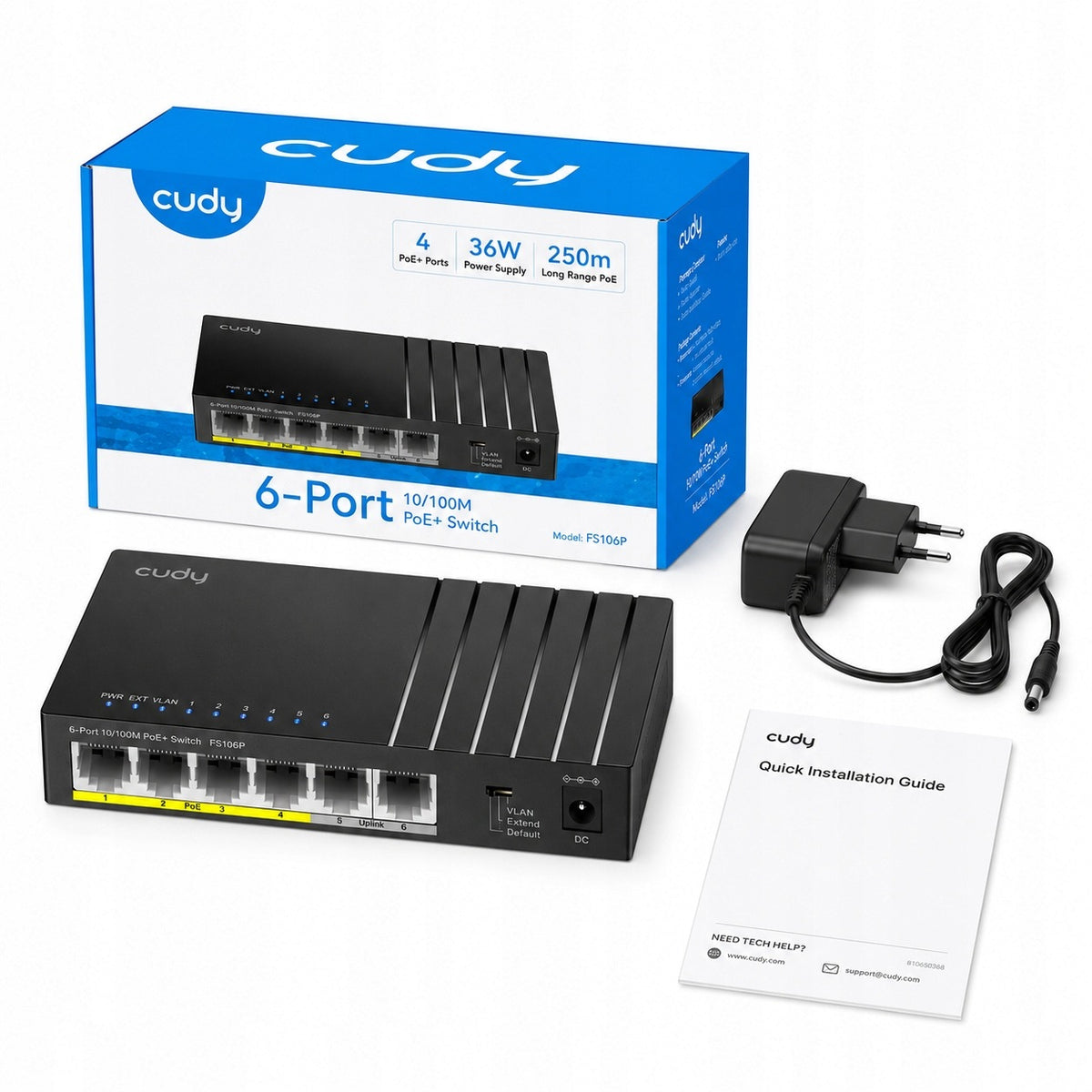 CUDY FS106P 6-Port PoE+ 36W Extend 802.3af/at Network Switch