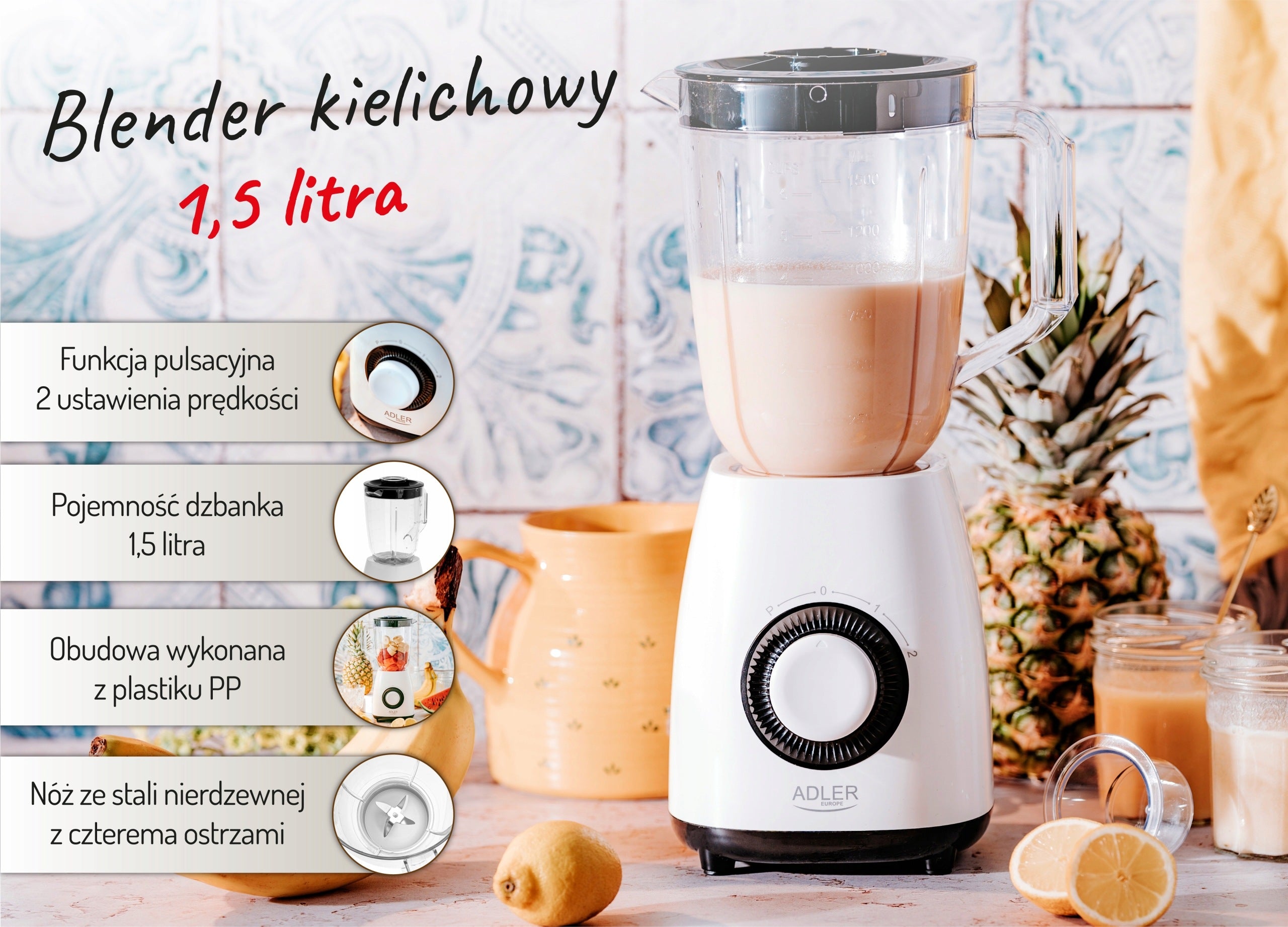 CUP BLENDER 1,5L 1000W Smoothie Mixer Cocktail Soups Adler Measure Packaging status original