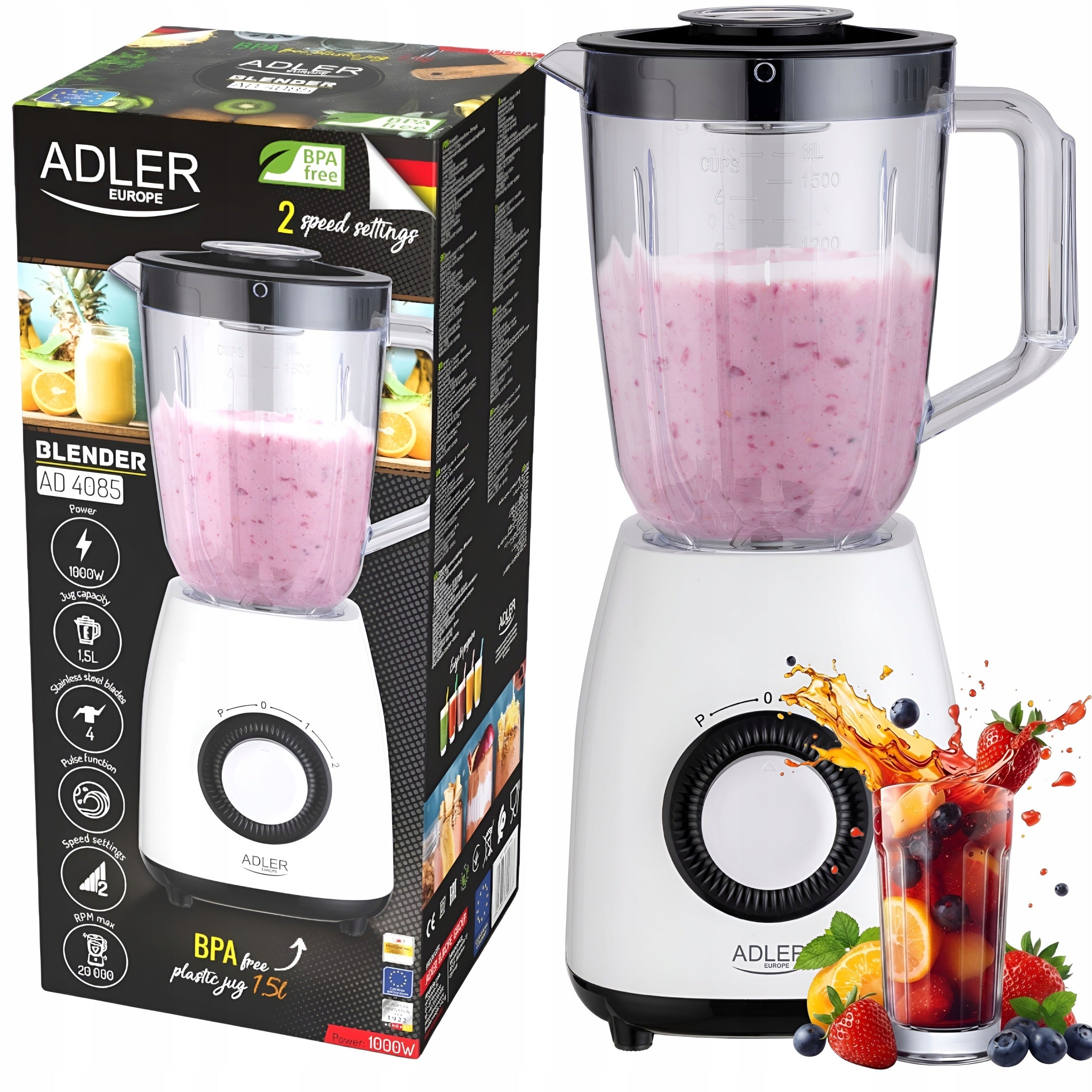CUP BLENDER 1,5L 1000W Smoothie Mixer Cocktail Soups Adler Measure