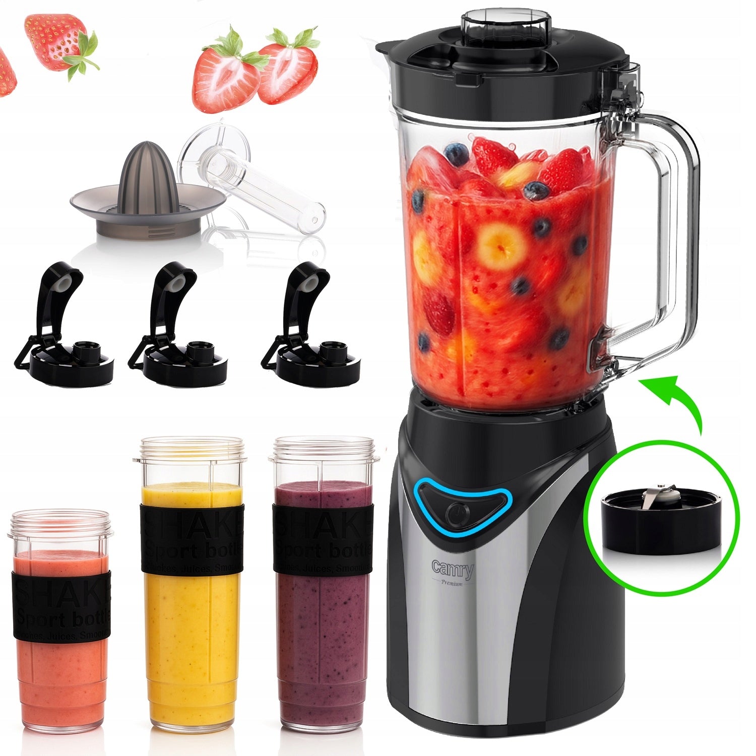 CUP BLENDER CRUSHES ICE 3 WATER BOTTLES SHREDDER JUICER POWERFUL 1300W Manufacturer code Blender Kielichowy do Koktajli CR4086