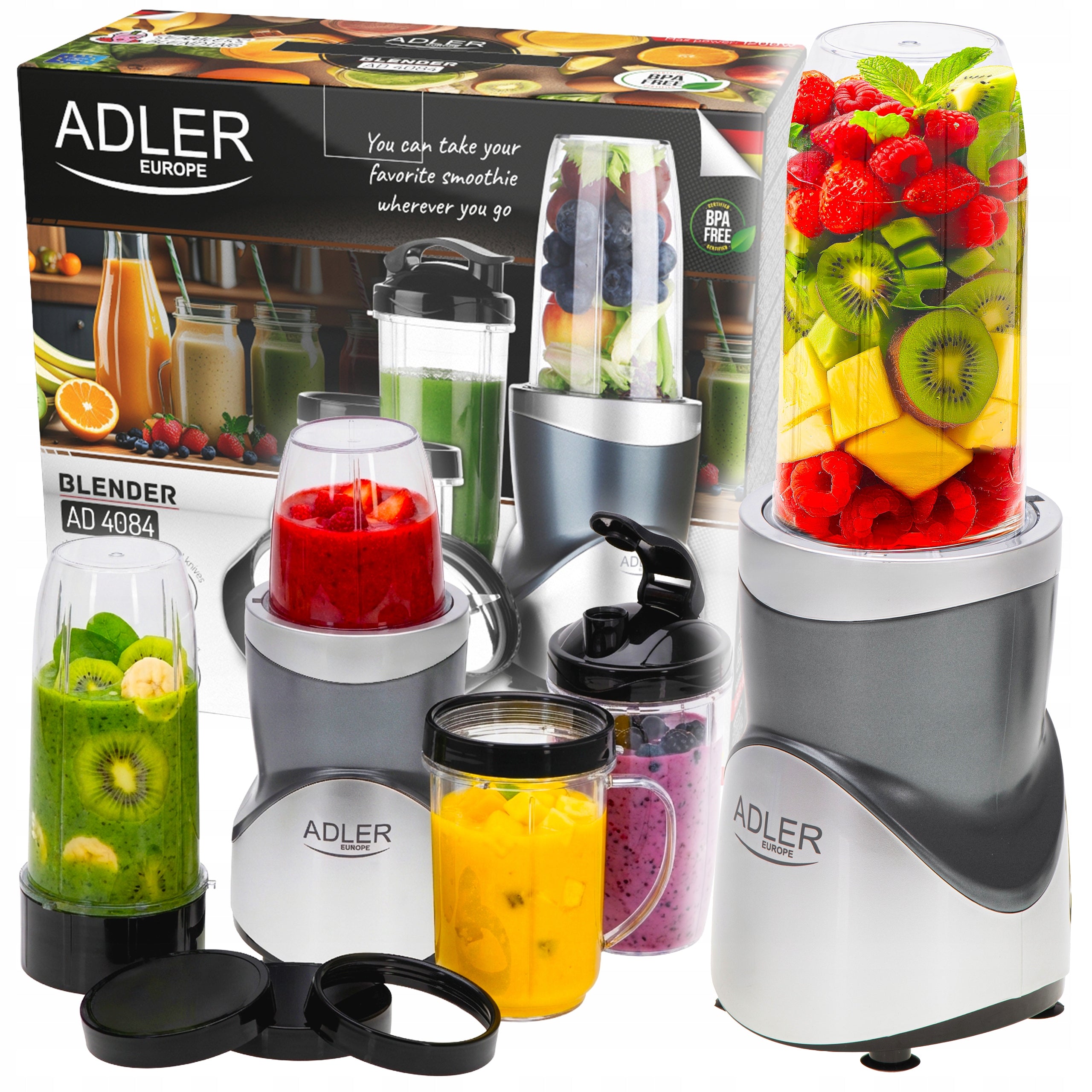 CUP BLENDER FOR SMOOTHIE COCKTAILS 1200W 4 WATER BOTTLES 4in1 SILVER