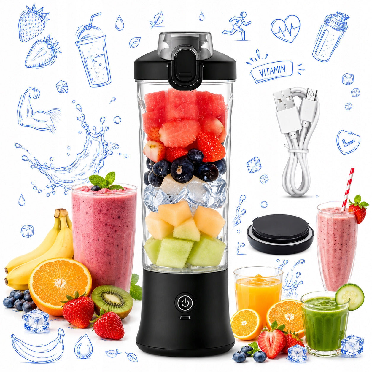 CUP BLENDER FOR SMOOTHIE COCKTAILS HANDHELD Wireless USB PORTABLE