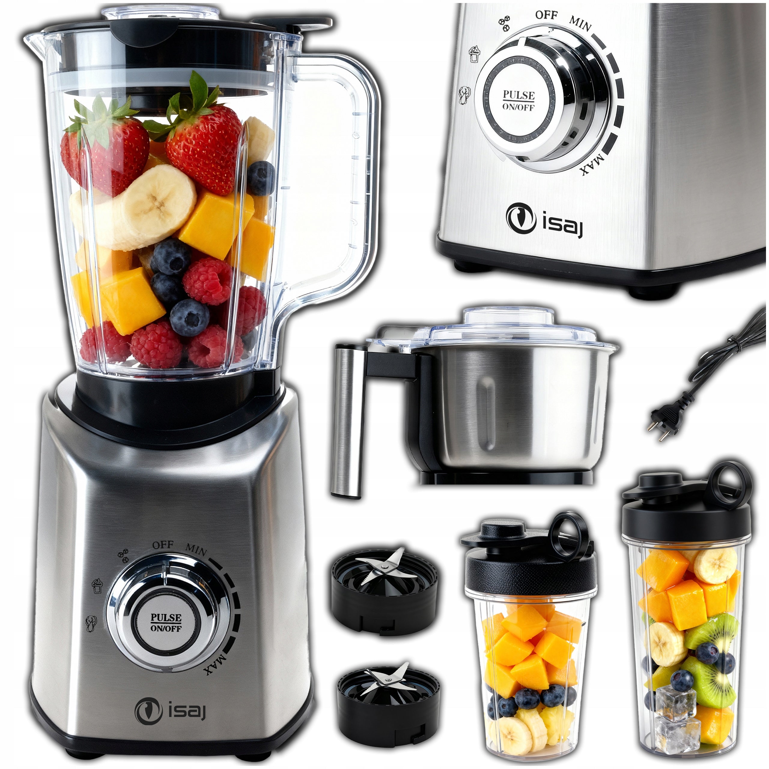 CUP BLENDER LARGE SMOOTHIE 4in1 + GRINDER + 2 WATER BOTTLES + INOX steel ISAJ