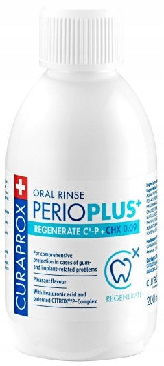 Spülflüssigkeit mit CURAPROX Perio Plus+ Regenerate CHX 0,09 % und Hyaluronsäure, 200 ml 