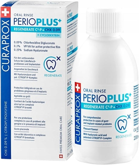Spülflüssigkeit mit CURAPROX Perio Plus+ Regenerate CHX 0,09 % und Hyaluronsäure, 200 ml 