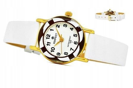 CUTE CHILDREN'S WATCH - ON A WHITE LEATHER STRAP WITH A WHITE AND BLACK CASE