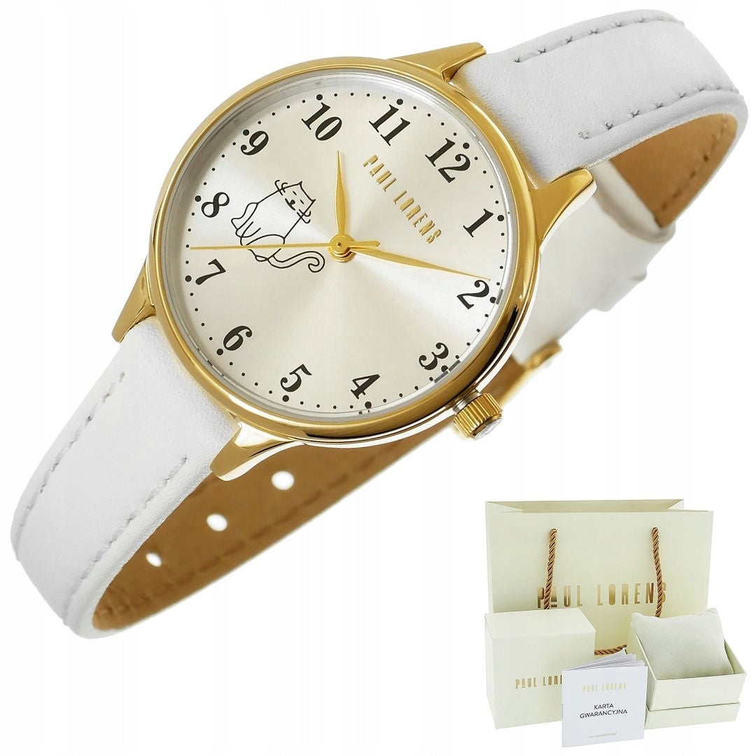 CUTE CHILDREN'S WATCH - SILVER DIAL WITH KITTEN - WHITE LEATHER STRAP Brand no brand