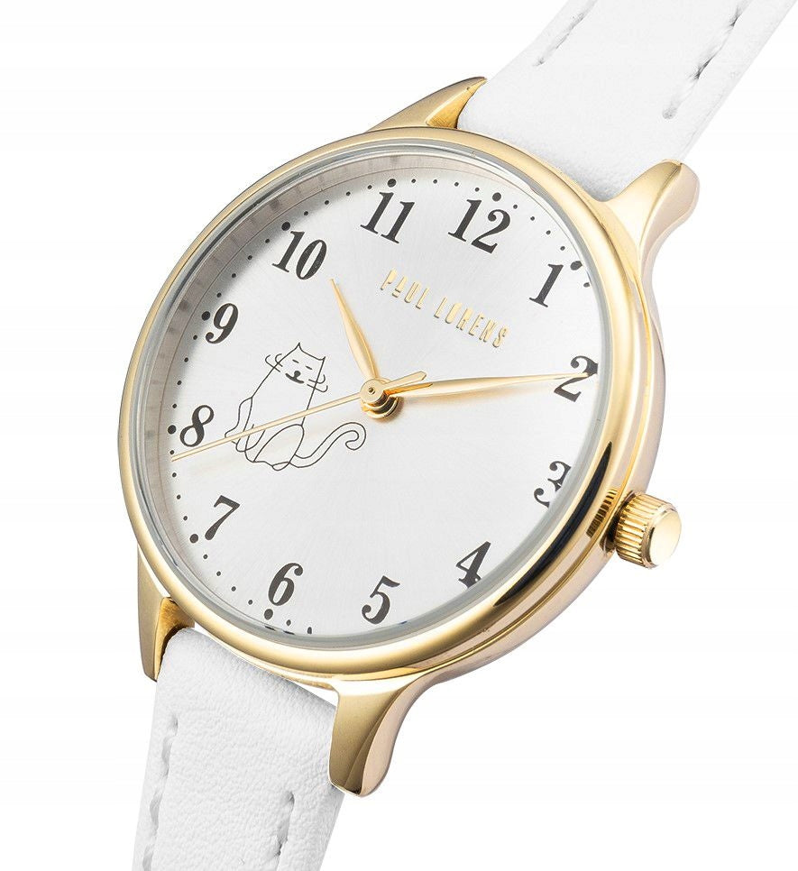 CUTE CHILDREN'S WATCH - SILVER DIAL WITH KITTEN - WHITE LEATHER STRAP Packaging status original