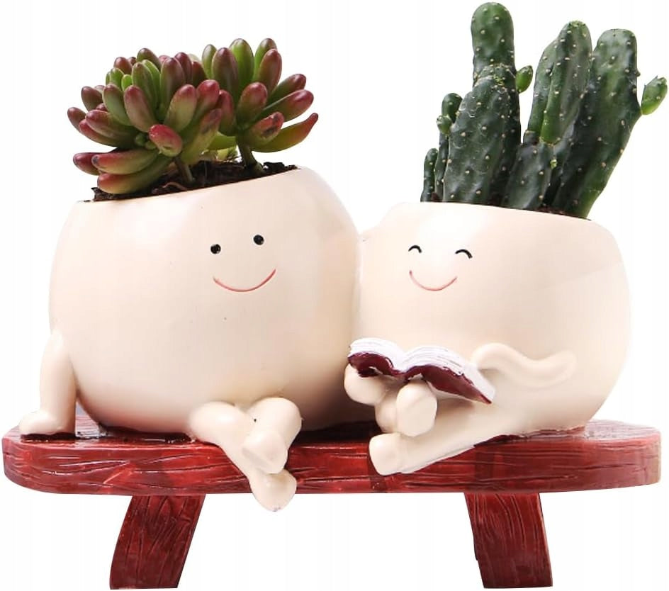 CUTE FLOWER POT WITH FACES WITH A SMILE ON THE BENCH POTS DECORATIONS Material ceramic