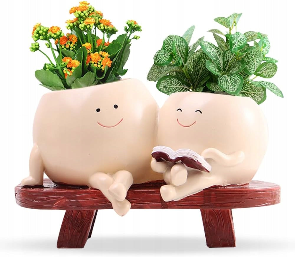 CUTE FLOWER POT WITH FACES WITH A SMILE ON THE BENCH POTS DECORATIONS