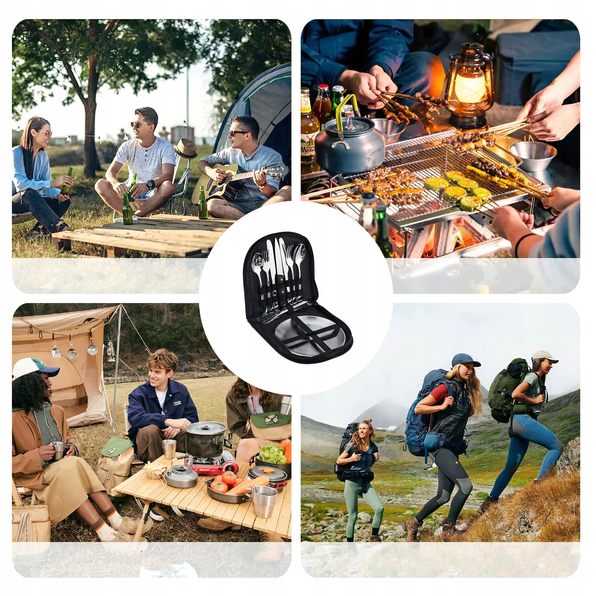 CUTLERY PLATES CAMPING SURVIVAL SET OF 4 PEOPLE 19EL XL Manufacturer code BIWAKOWY STALOWY NÓŻ ŁYŻKA WIDELEC ETUI 1