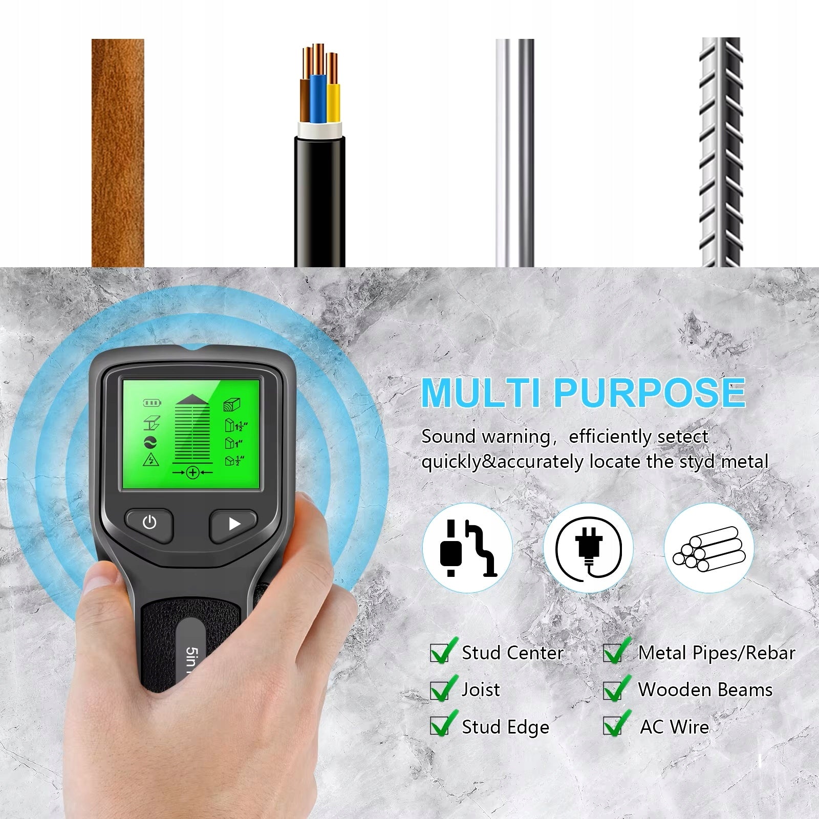 Cable Detector Wood Metal Wire Detector 5 in 1 Power supply batteries