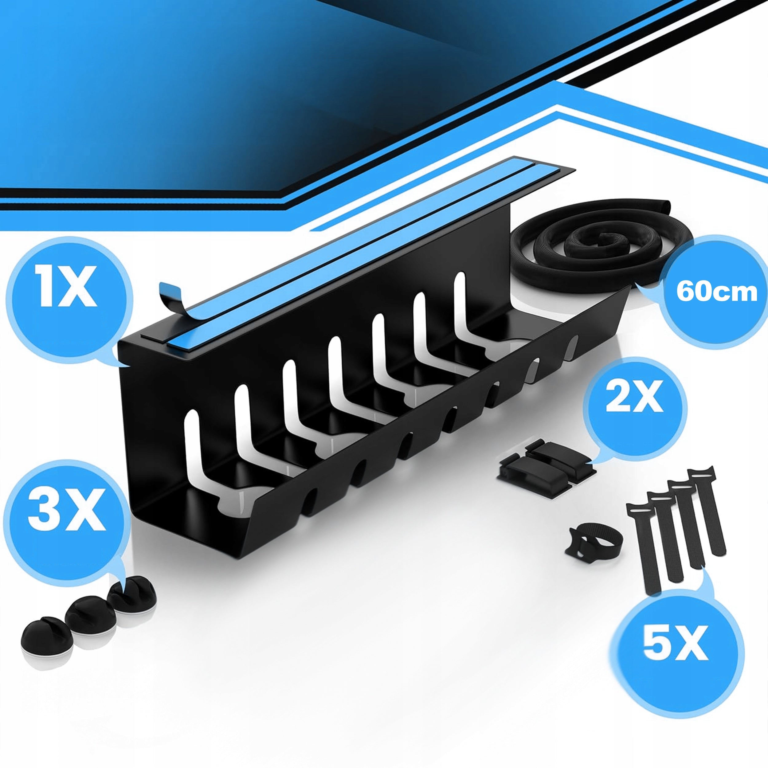 Cable Masker Cable Organizer WITHOUT DRILLING Desk Shelf 43cm Model CZARNA MASKOWNICA NA KABLE POD BIURKO ZASILACZ